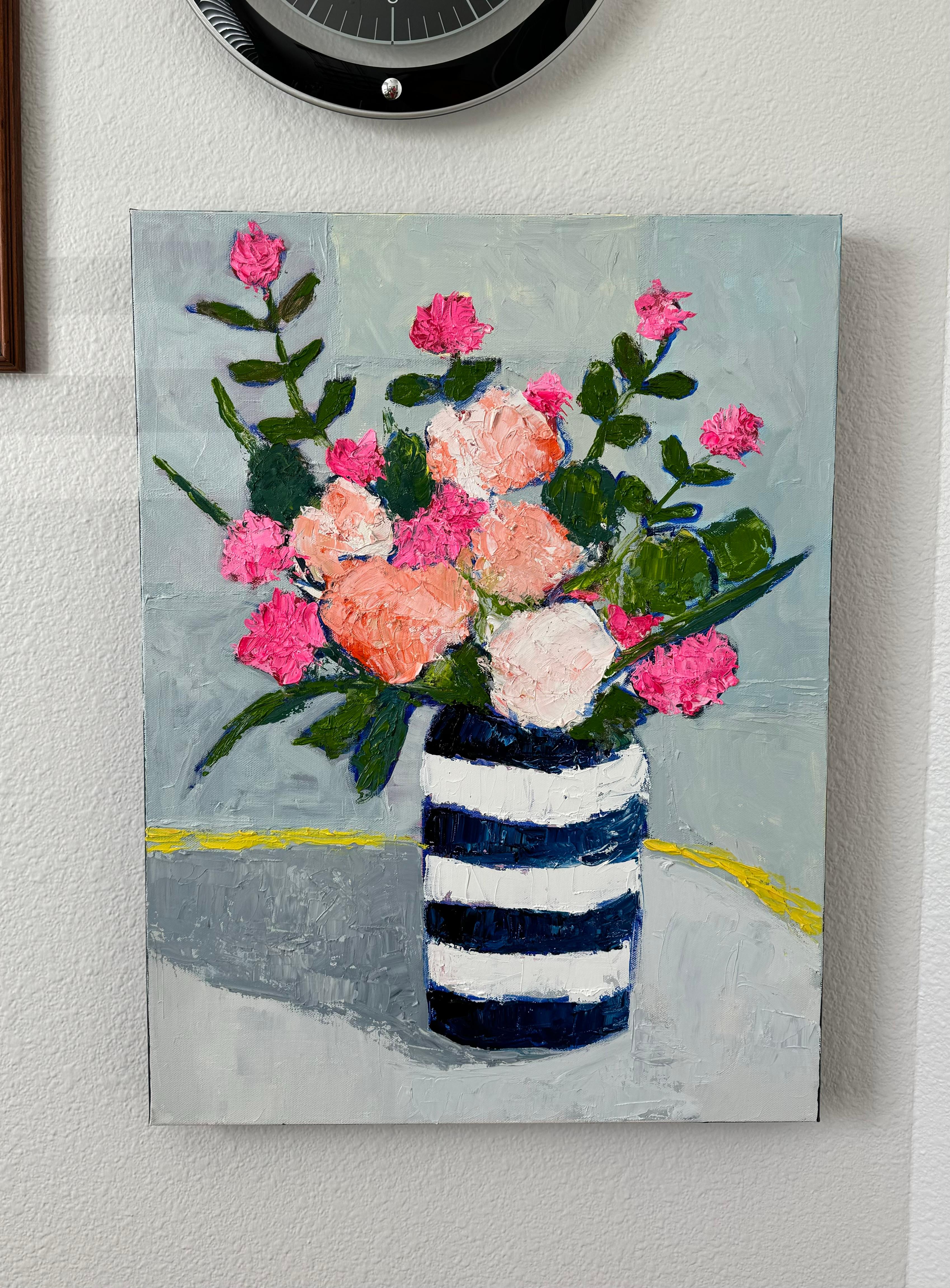 <p>Artist Comments<br>This still-life painting features a lively bouquet of pink flowers in a vase. Painted with a palette knife, the various blooms carry subtle textures, adding depth and dimension to the artwork. The blushing hues complement the