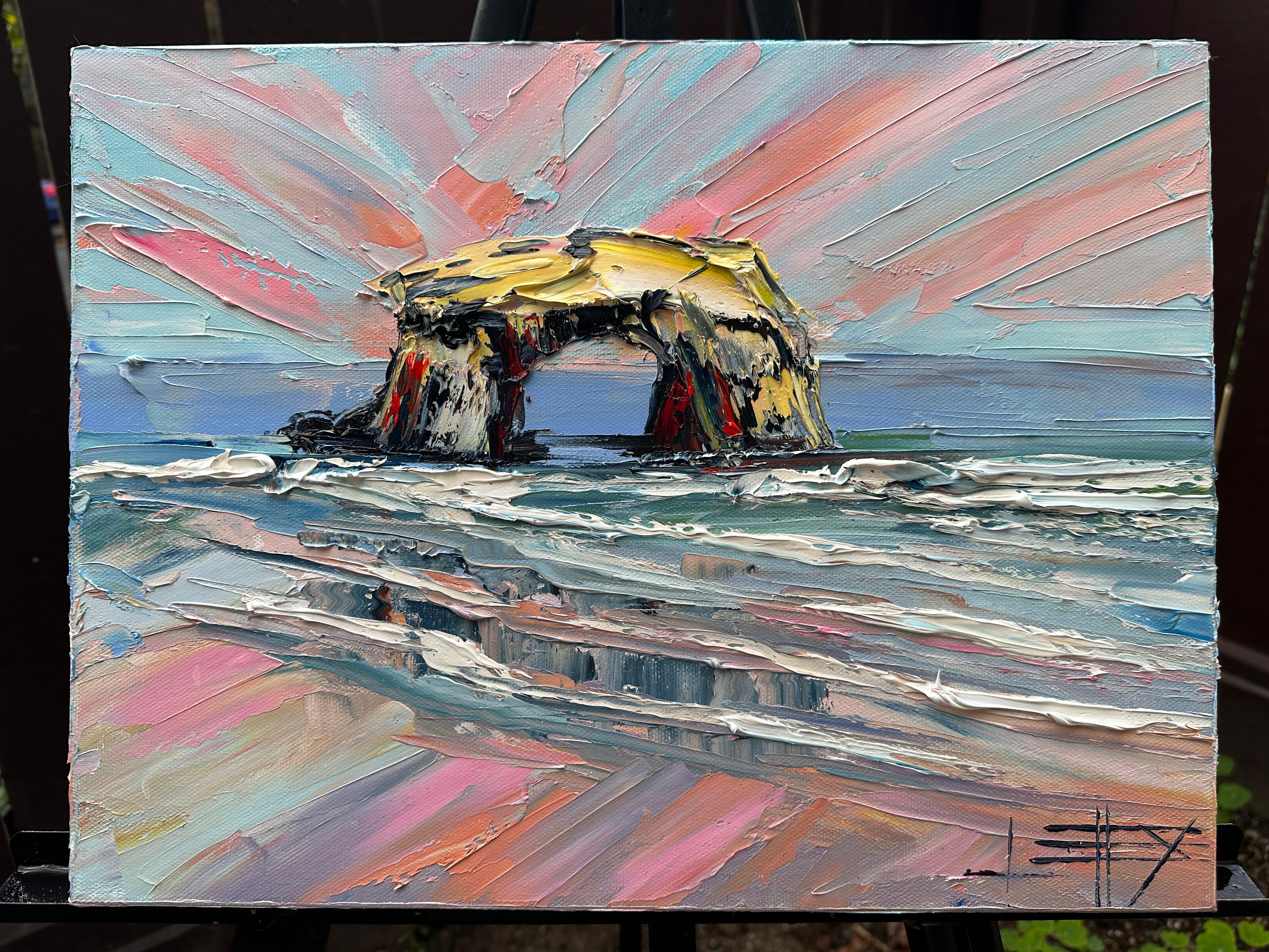 <p>Artist Comments<br>This painting vividly captures a lively sunset at Natural Bridges State Park in Santa Cruz, California. The sky's reflection ripples with the rolling waves, blending pinks and blues. The bold strokes and striking colors applied