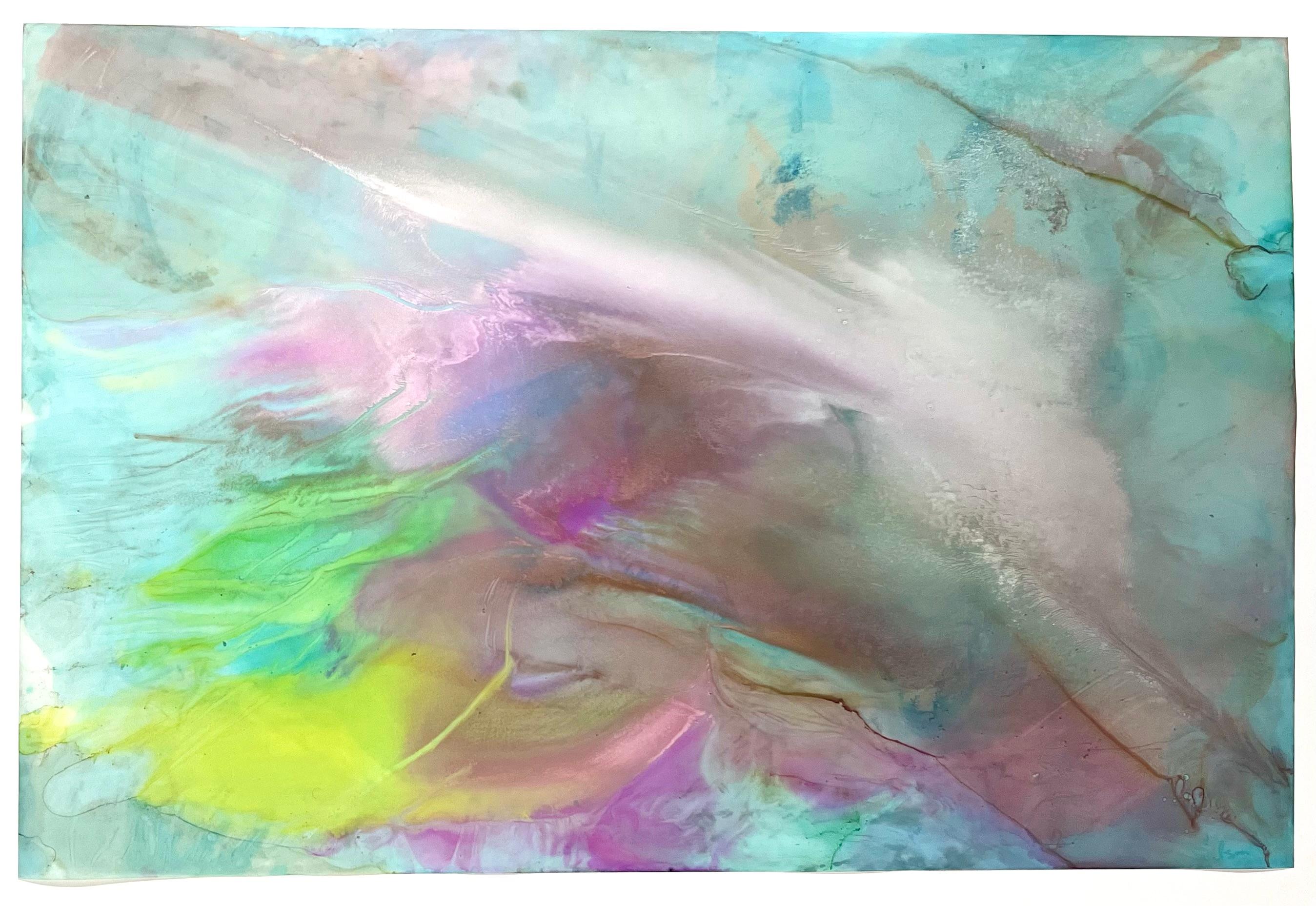 <p>Artist Comments<br>Soft shades of teal, white, and metallic bronze blend with hints of warm browns. The alcohol ink moves energetically across the surface, creating subtle pops of color. The artwork represents the idea of surpassing the