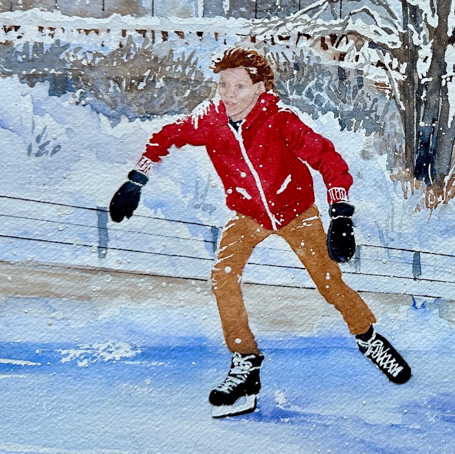 <p>Artist Comments<br>This watercolor painting captures the joyful experience of skating on the Rideau Canal in Canada, with children twirling on skates and laughter filling the air. But what's that irresistible aroma drawing their attention? It's
