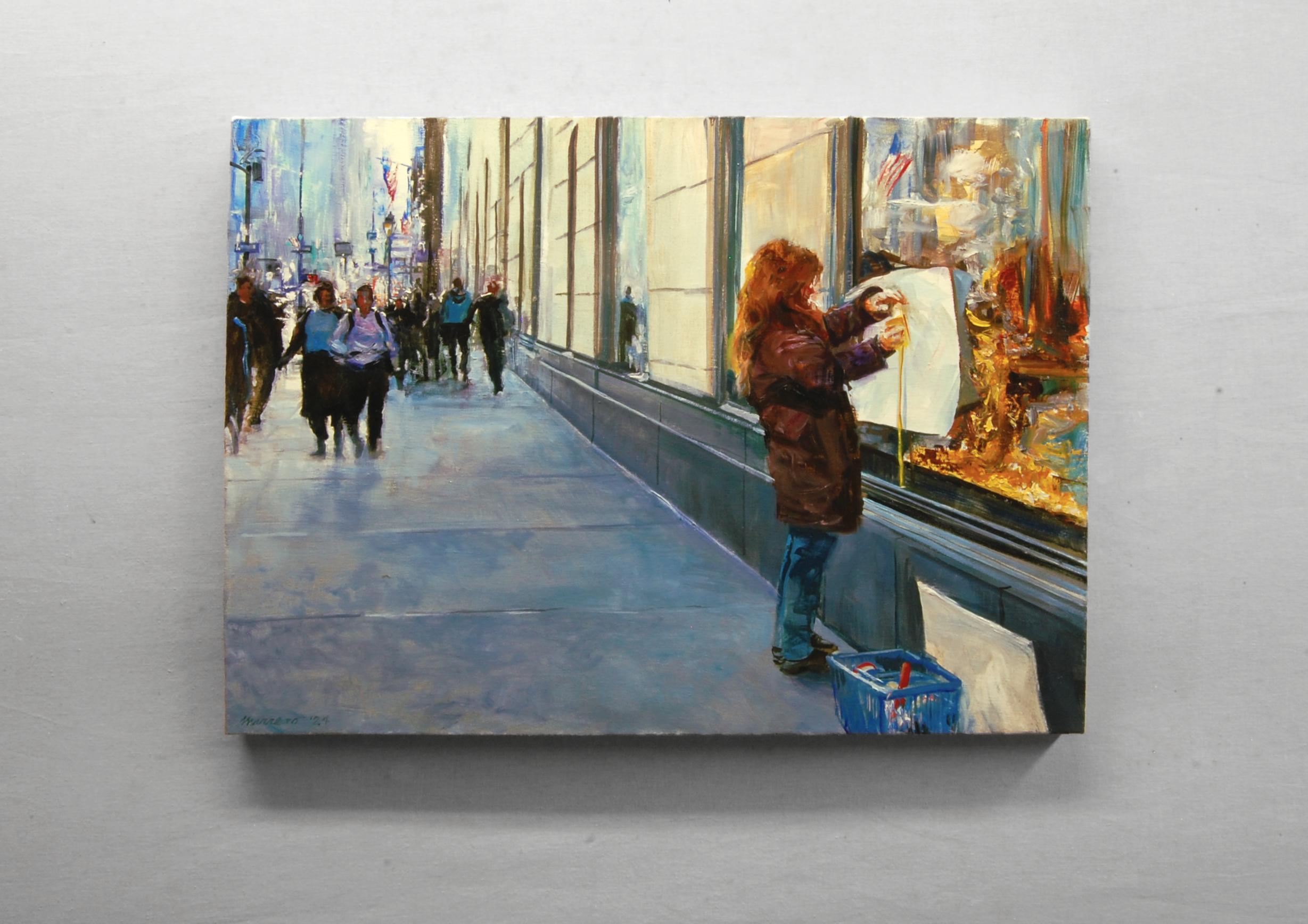 <p>Artist Comments<br>Artist Onelio Marrero finds inspiration in observing fellow artists at work. This vibrant oil painting features a window designer along the sidewalk of midtown Manhattan. The rich colors and expressive brushwork portray her