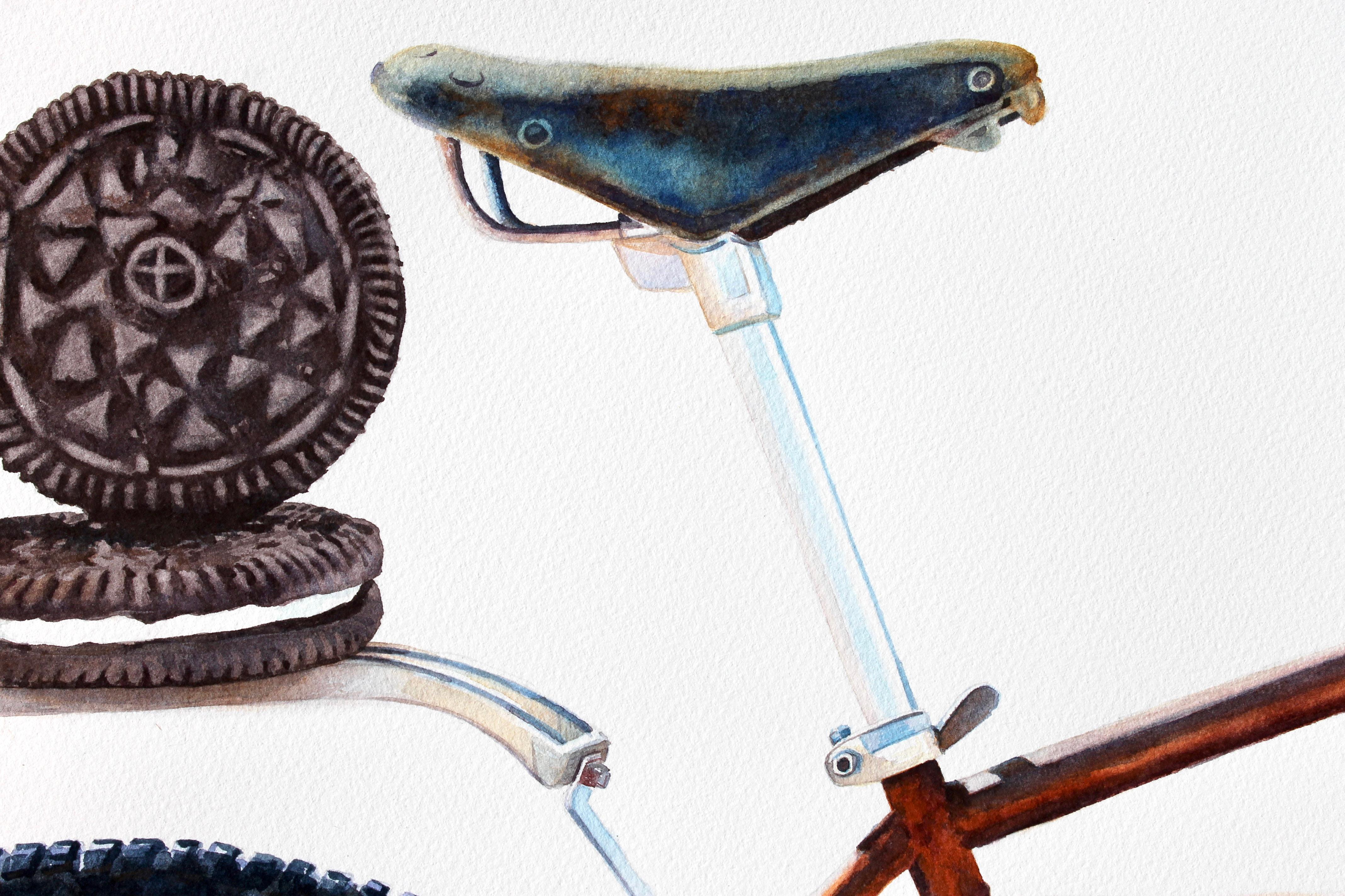 <p>Artist Comments<br>This vibrant still-life watercolor captures the essence of indulgence and a healthy lifestyle. Painted in the realist tradition, the piece showcases chocolate cookies with vanilla cream centers resting on a bike rack. The