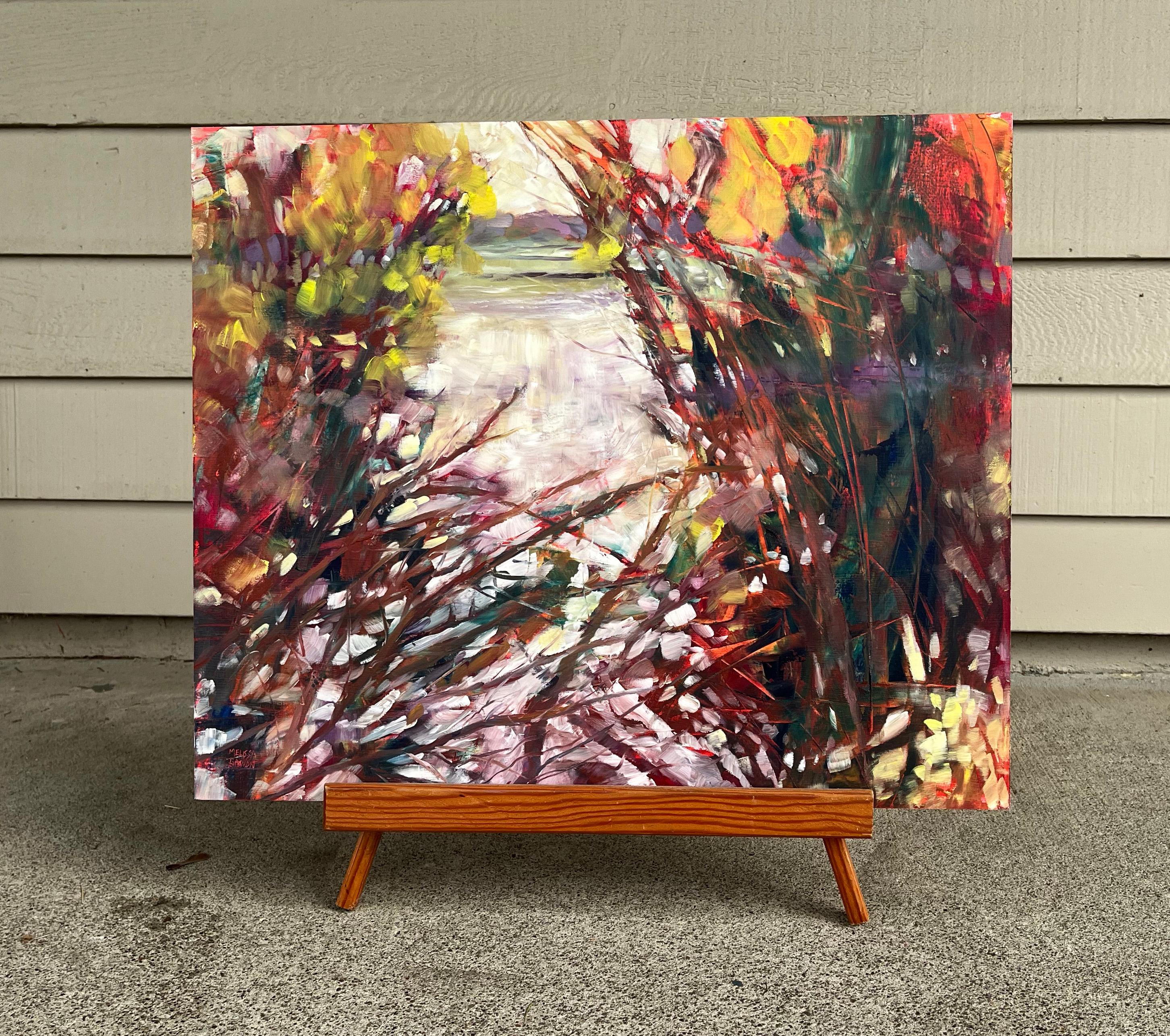 <p>Artist Comments<br>In the fall and winter, the woods along the river reveal the remnants of summer flowers, tangled stems, and leaves. Starting with oils and cold wax, artist Melissa Gannon unveils orange hues through scratching and layer removal