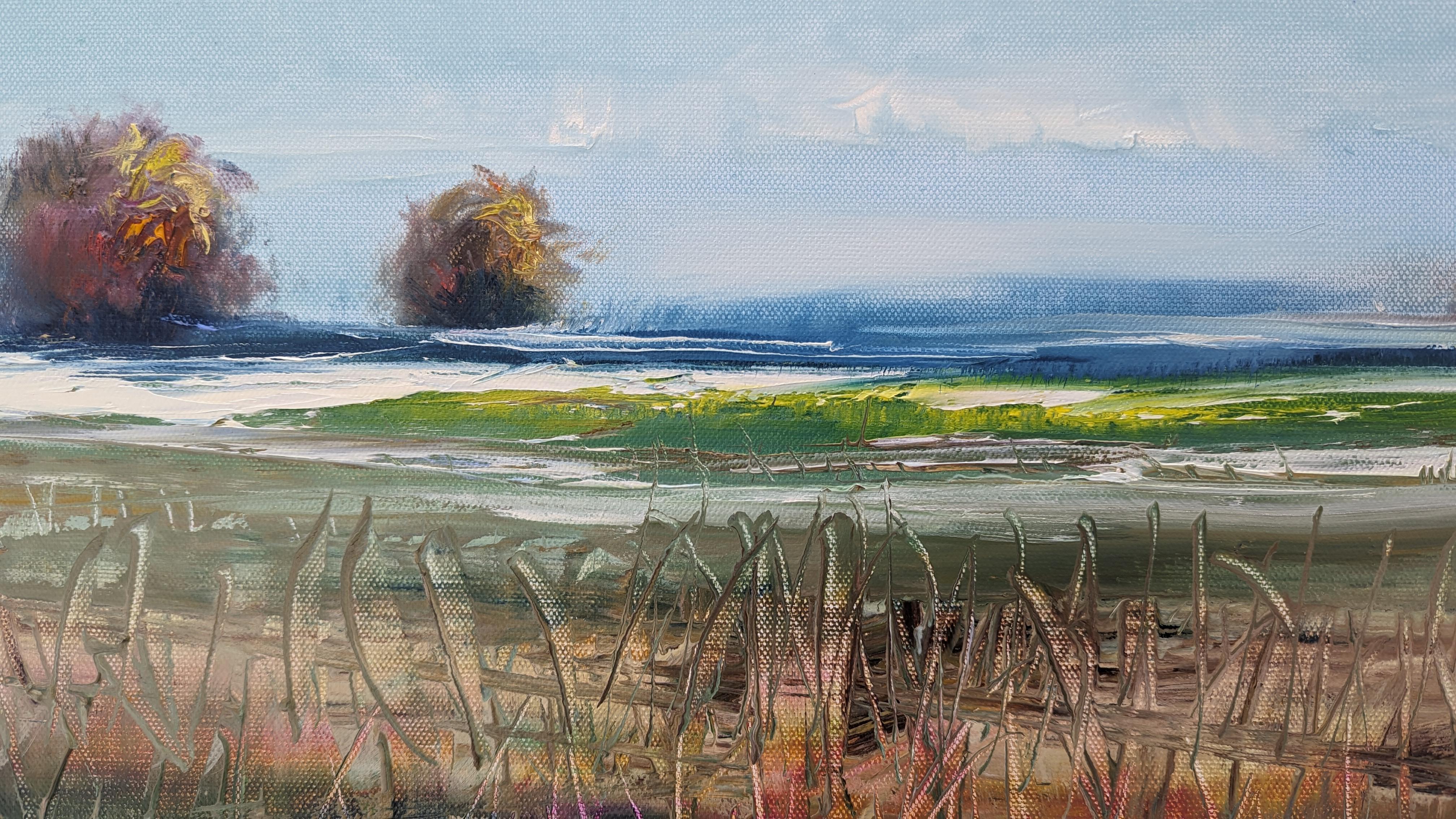 <p>Kommentare des KünstlersEine ruhige Landschaft begrüßt den Beginn des Herbstes.<br> Ein wolkenverhangener Himmel spannt sich über das weite Feld und den Ozean, der mit verstreuten Bäumen und einer Pfütze geschmückt ist. Die Blätter und das Gras,