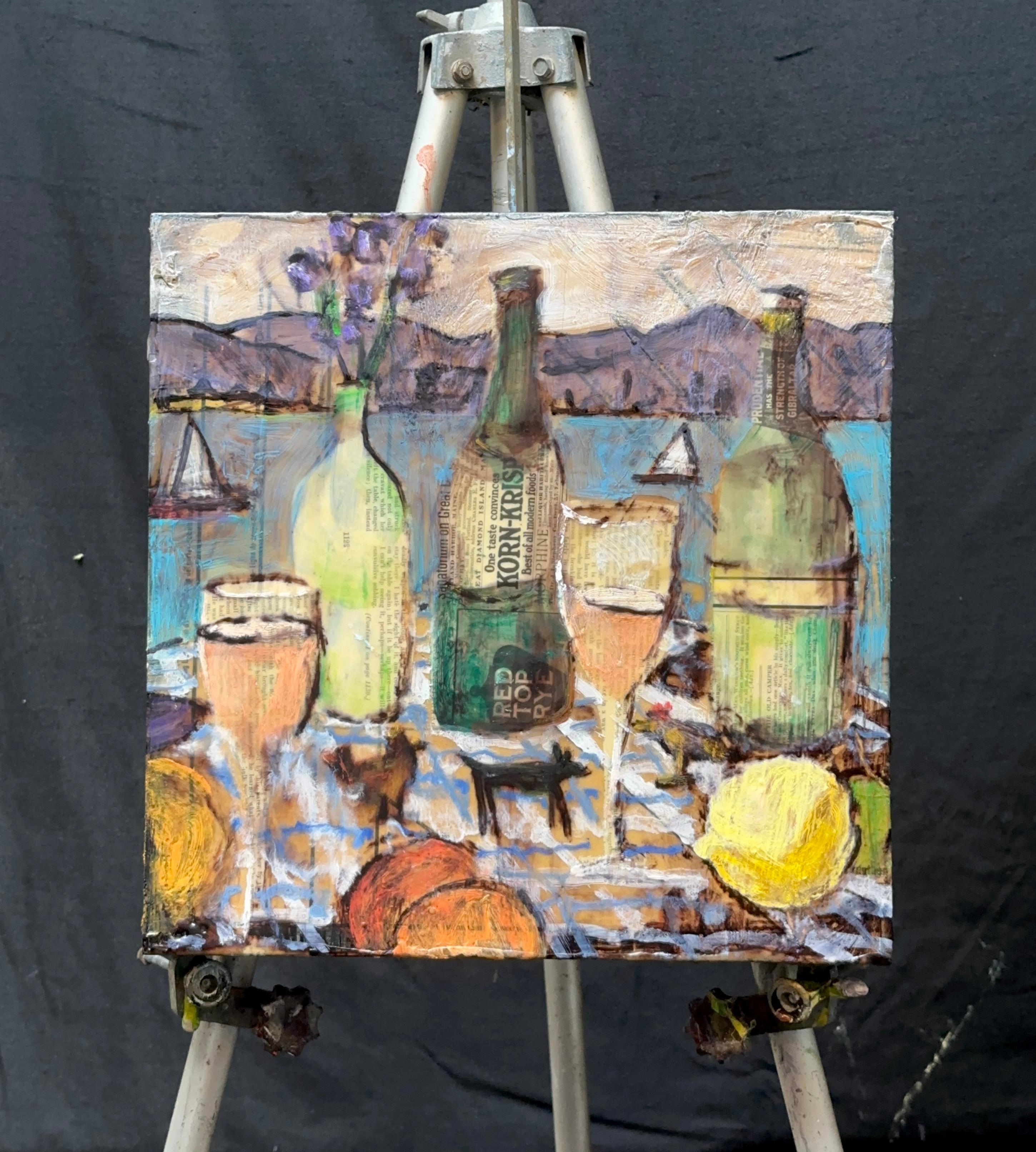 <p>Artist Comments<br>This encaustic painting blends the elements of still life and seascape, portraying a table set up of rosÃ© against the backdrop of a tranquil bay. The composition incorporates cutouts from a 1906 Harpers Bazaar. Made with