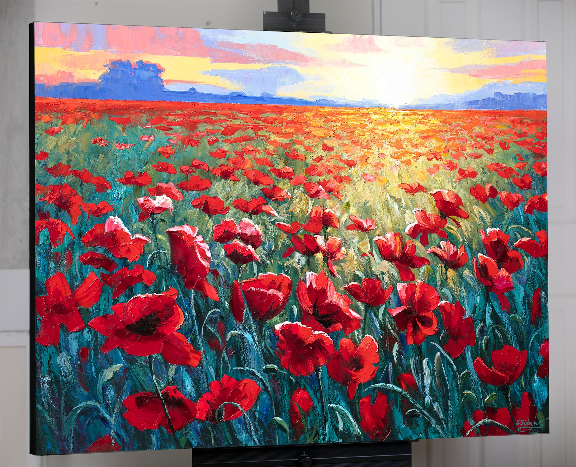 <p>Artist Comments<br>A field of red poppies basks in the remaining glow of the setting sun. The colorful sky echoes the vibrancy of the flowers. Painted with a palette knife, the composition captures nature's delicate texture and dramatic tones,
