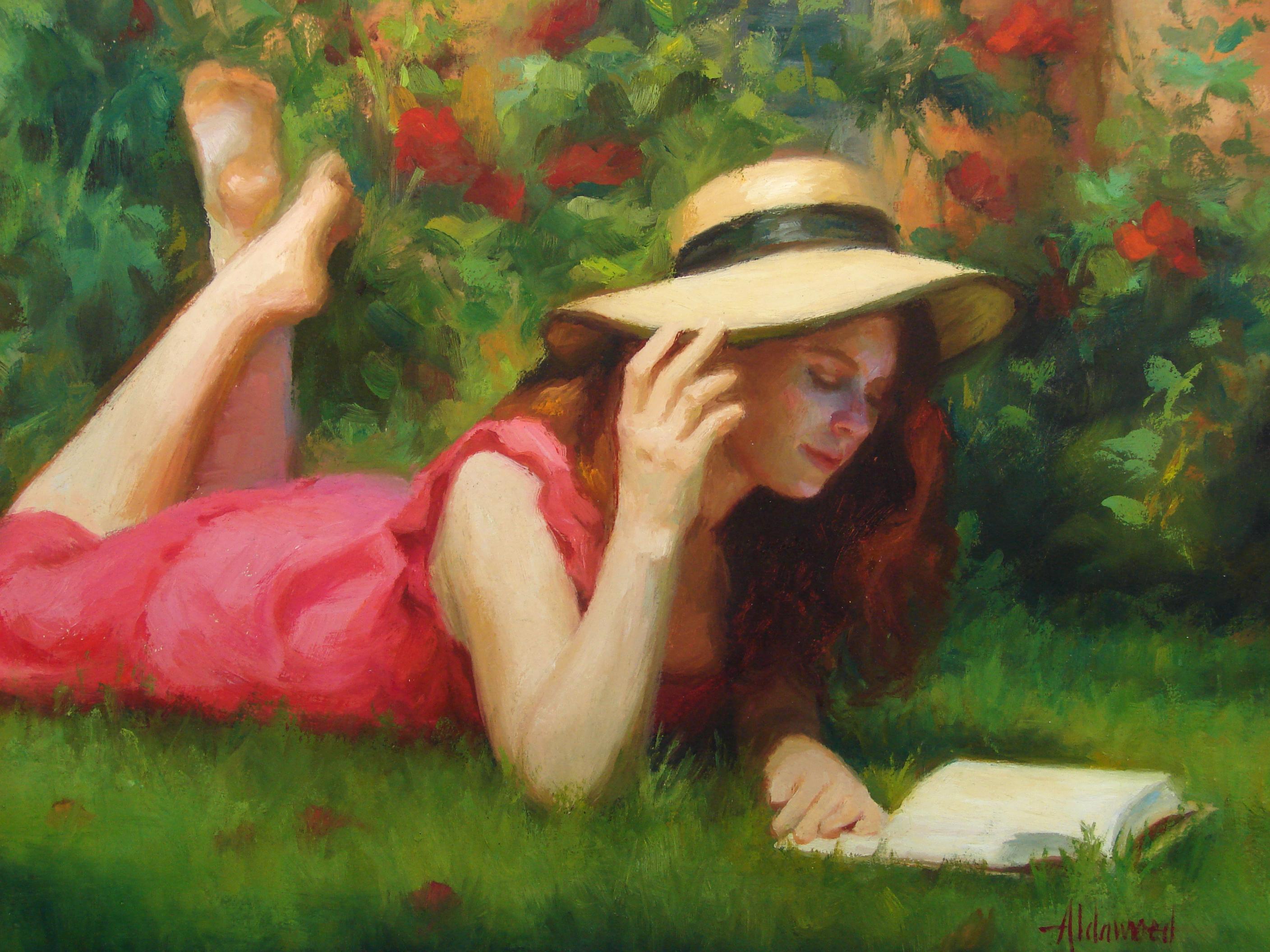 <p>Kommentare des KünstlersIn einem schönen, sonnenbeschienenen Garten taucht eine junge Frau in die Welt der Literatur ein.<br> Umgeben von Blumen, genießt sie die Gesellschaft von Worten. Die Szene ist in ein dunstiges Licht getaucht und strahlt