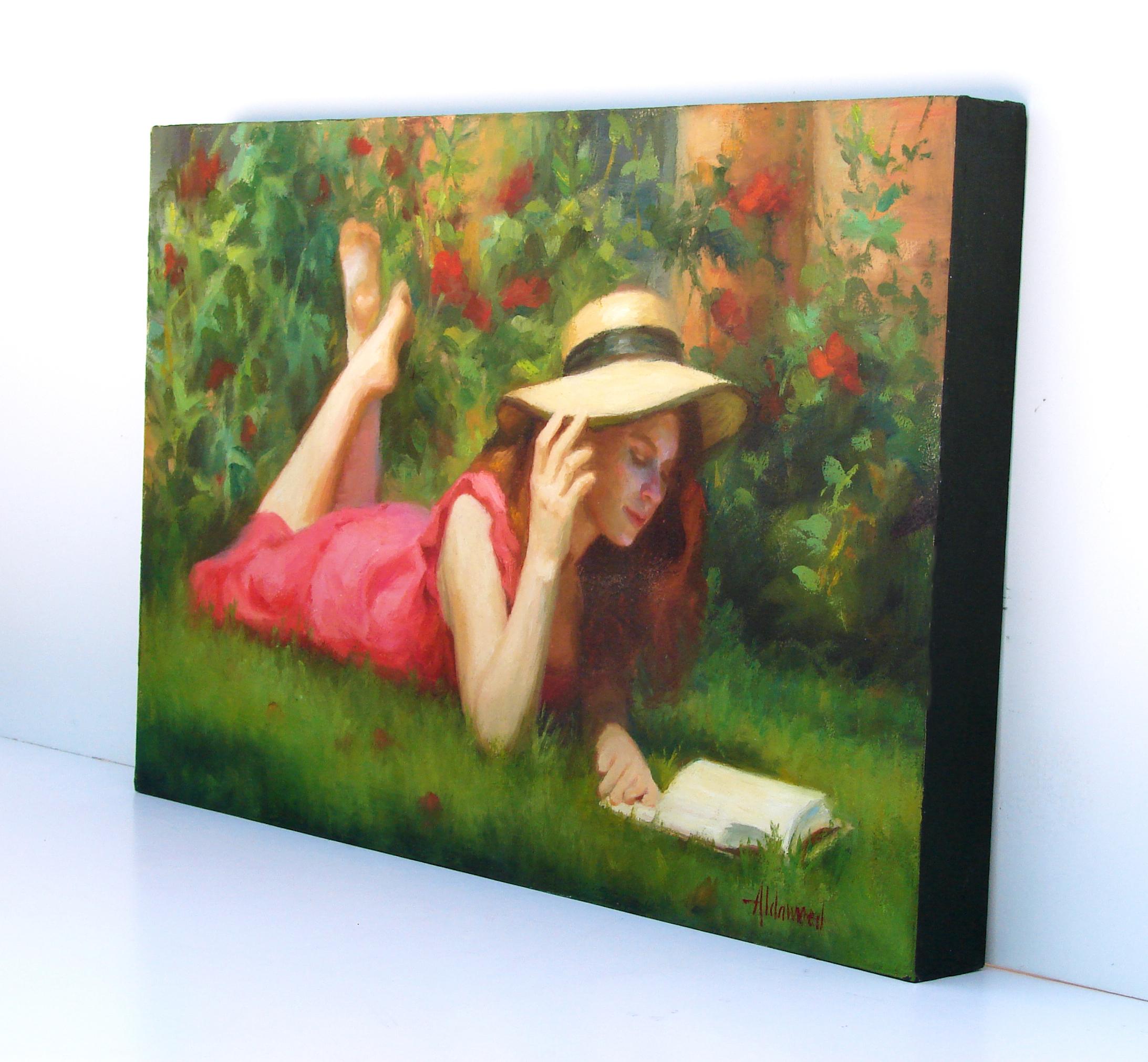 <p>Artist Comments<br>In a beautiful, sunlit garden, a young woman immerses herself in the world of literature. Surrounded by flowers, she enjoys the company of words. Bathed in a hazy glow, the scene exudes a timeless and romantic