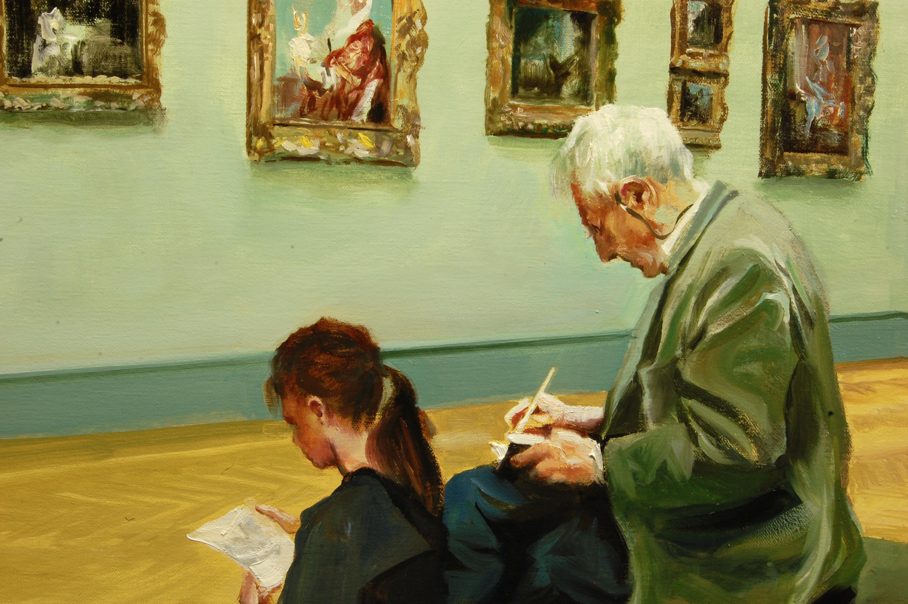<p>KünstlerkommentareEin älterer Mann und ein junges Mädchen vertiefen sich in das Skizzieren großer Gemälde in ihren Zeichenbüchern und beschäftigen sich intensiv mit den Ausstellungen im Metropolitan Museum of Art in New York City.<br> Der