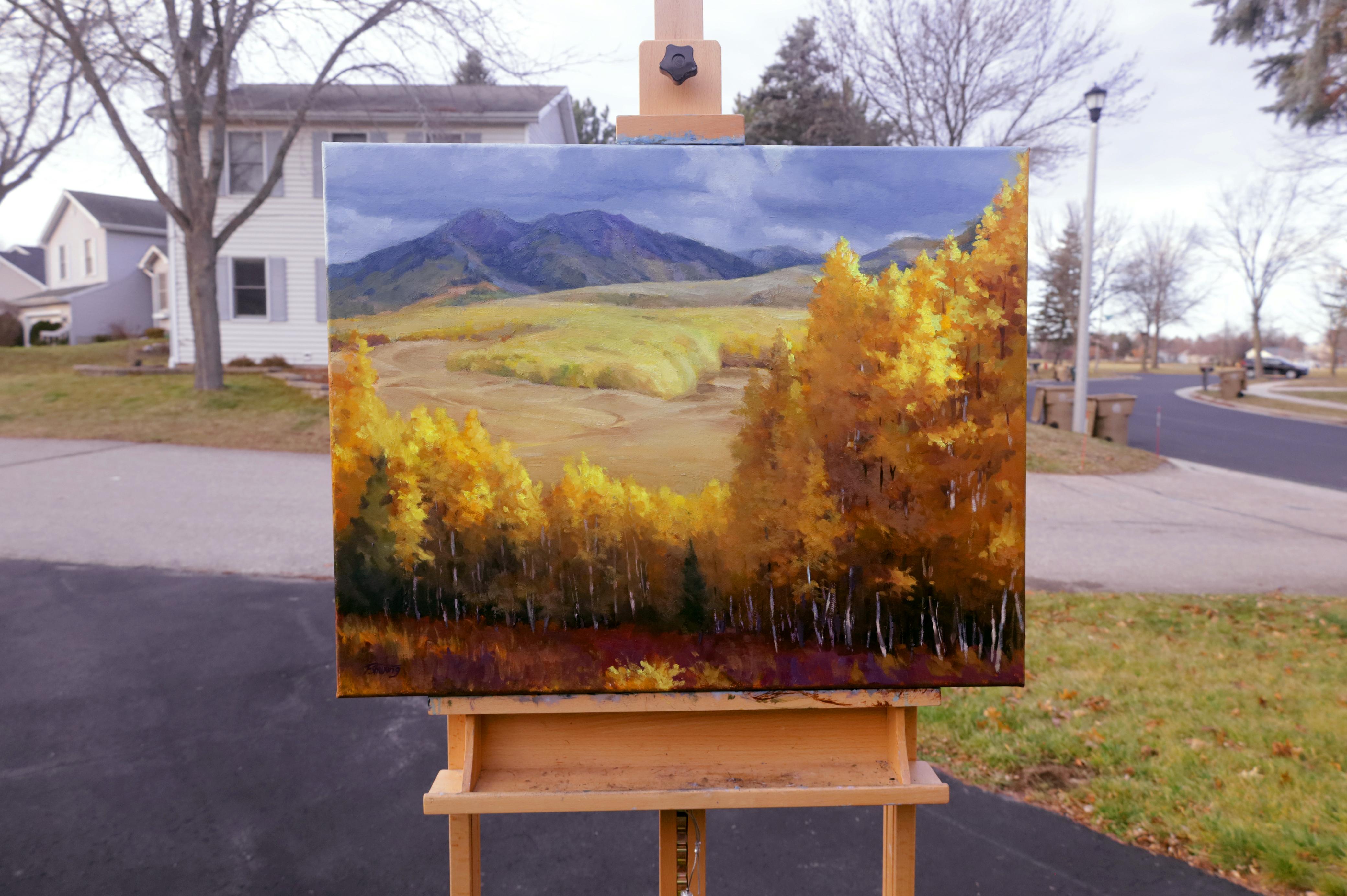 <p>Artist Comments<br>Golden foliage blankets the forest in this autumn landscape. The vast meadow in the distance echoes the seasonal transition. With the sun hidden behind drifting clouds, the scene is infused with a touch of softness and
