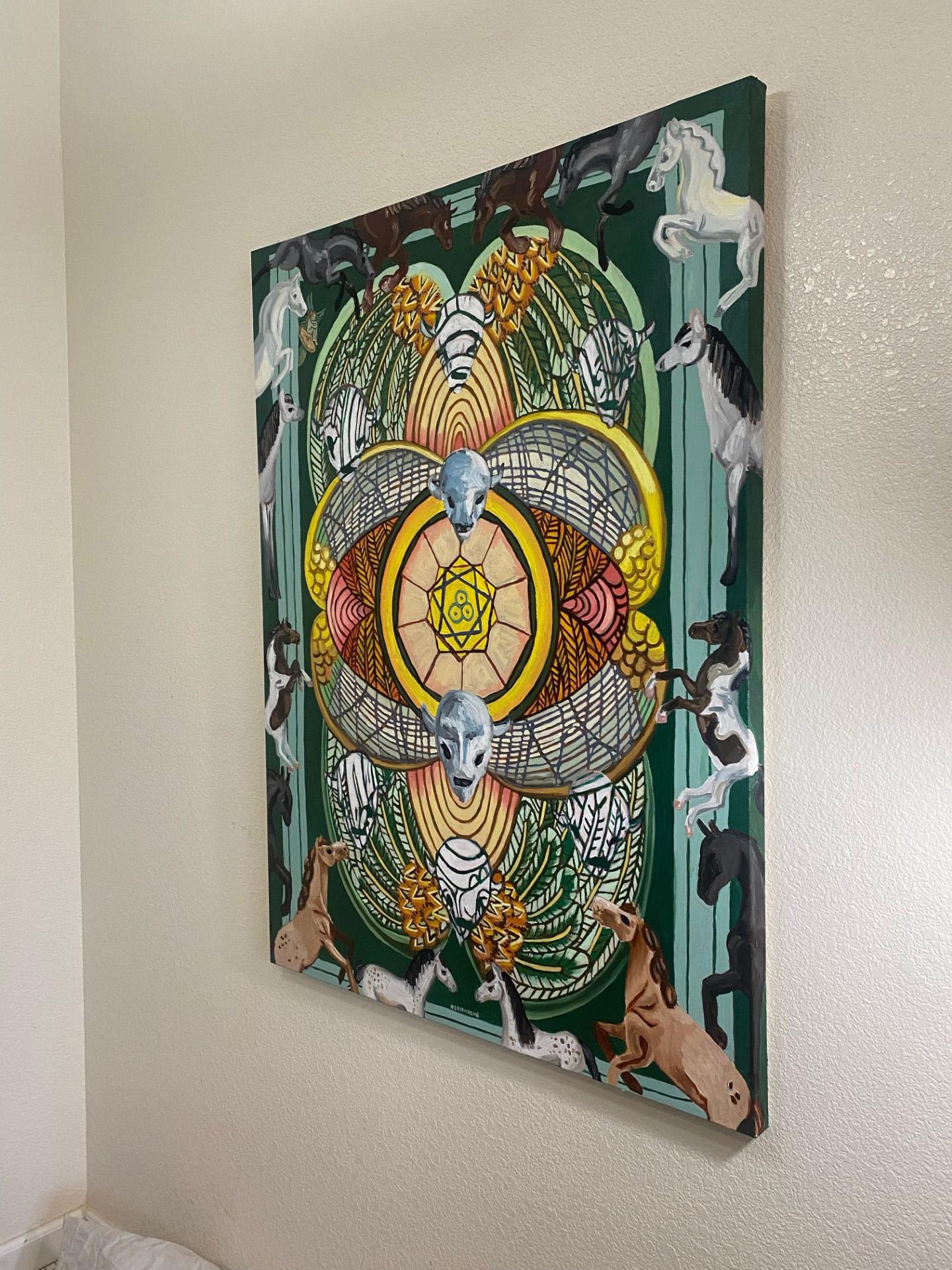 <p>Artist Comments<br>Inspired by the Eight of Pentacles tarot card, the vibrant green hues of the artwork symbolize growth, fertility, and abundance, including aspects related to money. A mythical white bison replaces traditional coin imagery,