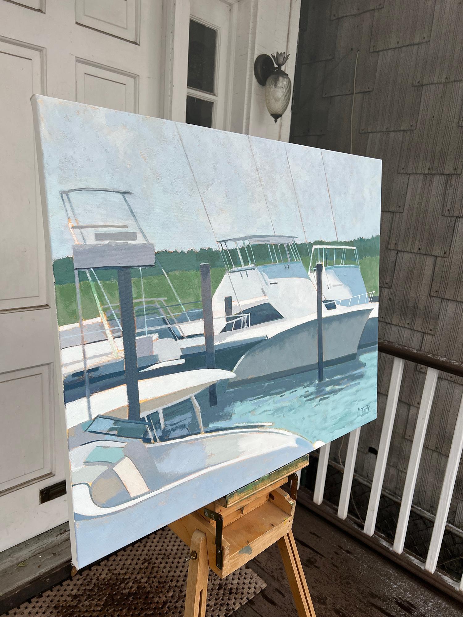 <p>Artist Comments<br>Boats line the Jersey Shore, patiently awaiting passengers for fishing excursions or leisurely sightseeing. The sun bathes the scene in a radiant glow, and the calm water reflects the tranquil atmosphere. Cool blues dominate