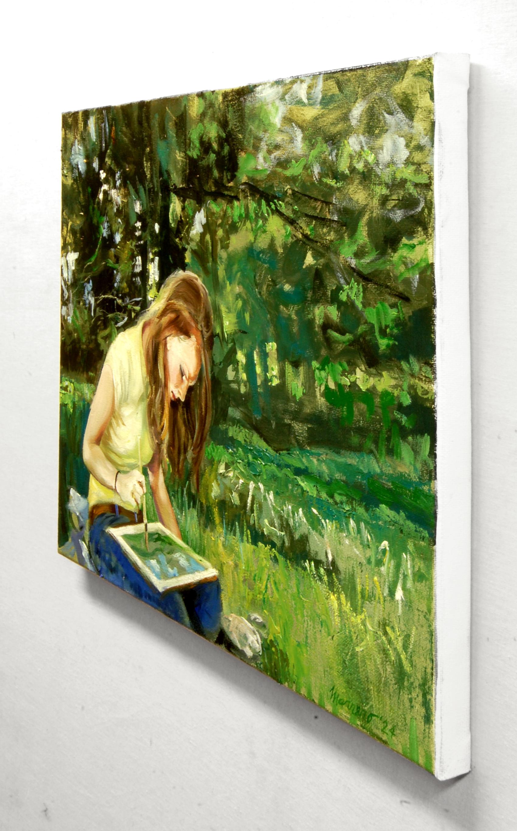 <p>Artist Comments<br>A young woman sits on the grass, deeply engrossed in painting the scenery before her. Loose brushwork and palette knife techniques bring to life the graceful light and textures of the moment. The painting features a former
