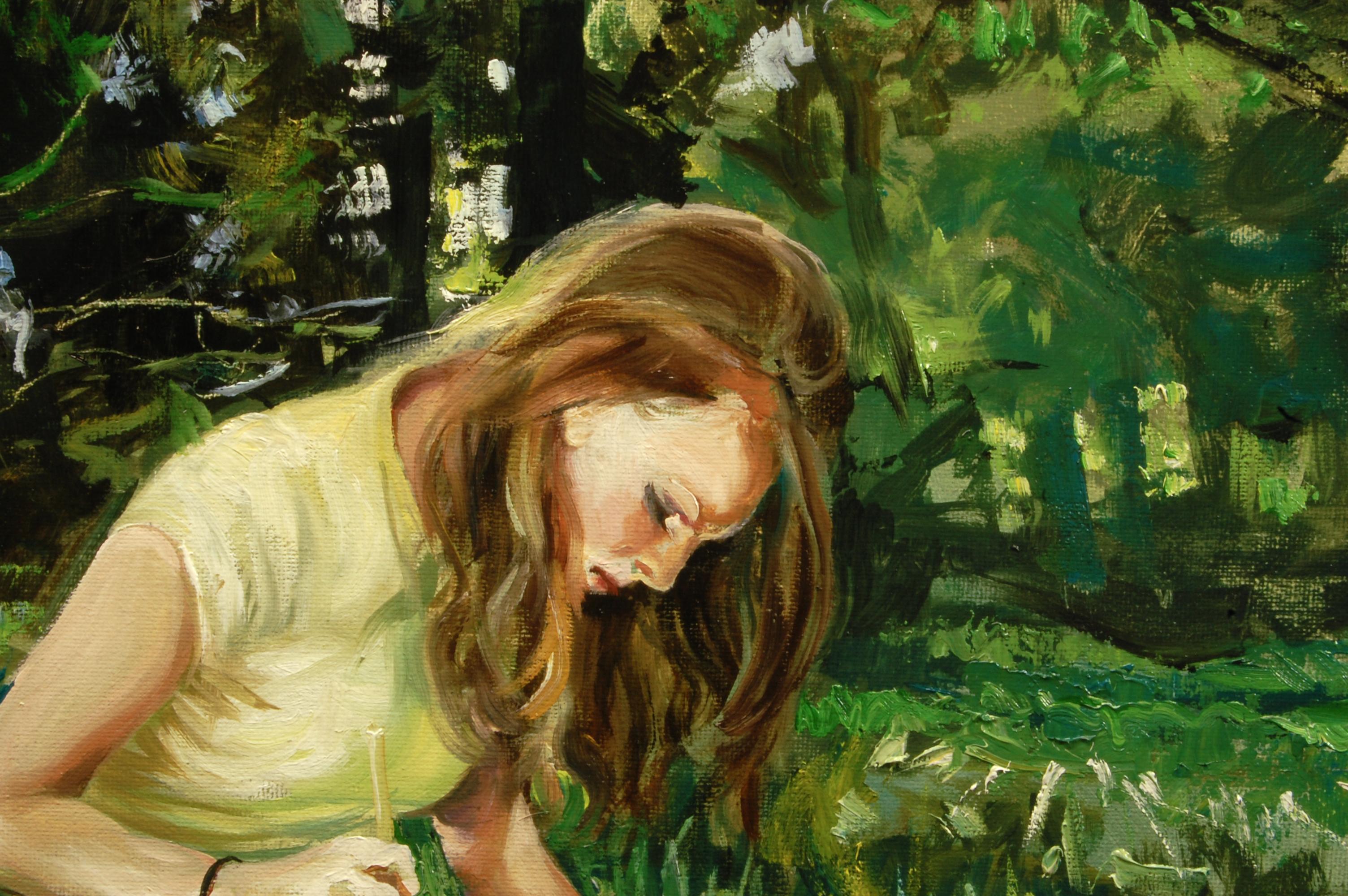 <p>Kommentare des KünstlersEine junge Frau sitzt im Gras und ist in das Malen der Landschaft vor ihr vertieft.<br> Lockere Pinselführung und Spachteltechniken erwecken das anmutige Licht und die Texturen des Augenblicks zum Leben. Das Gemälde zeigt