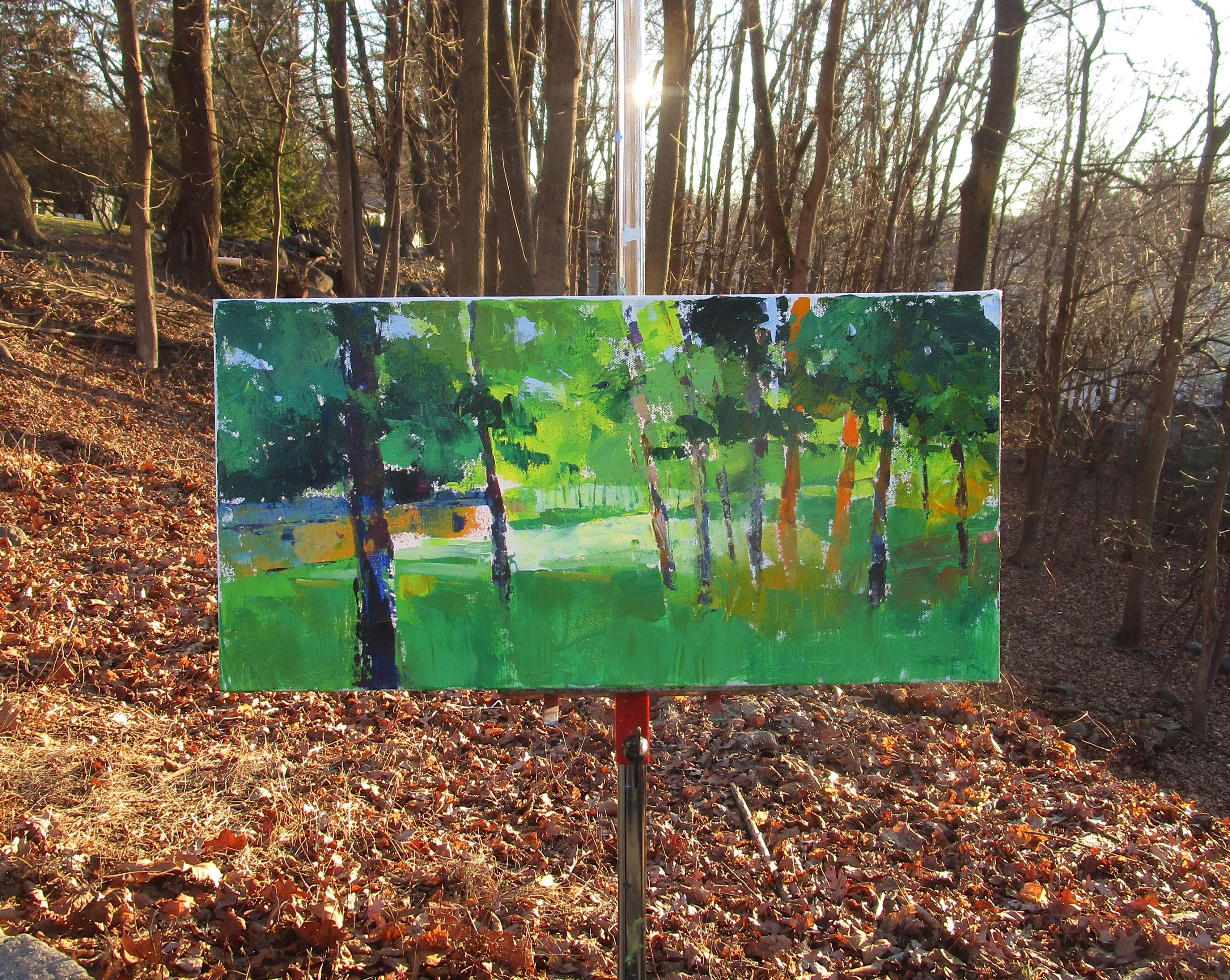 <p>Artist Comments<br>Low buildings hide among nature in an abandoned day camp. The sunlight filters through the trees, painting the grass with a soft radiance. The expressive brushstrokes and loose details add an evocative touch to the tranquil