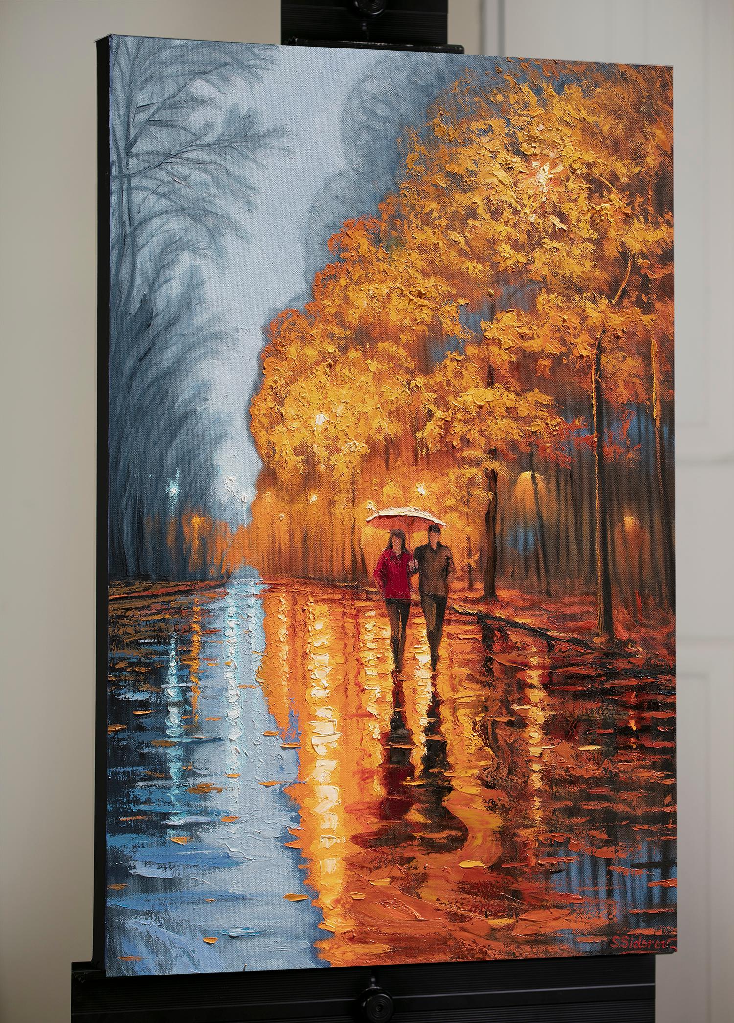 Fall Alley. Golden Reflection., Oil Painting For Sale 1