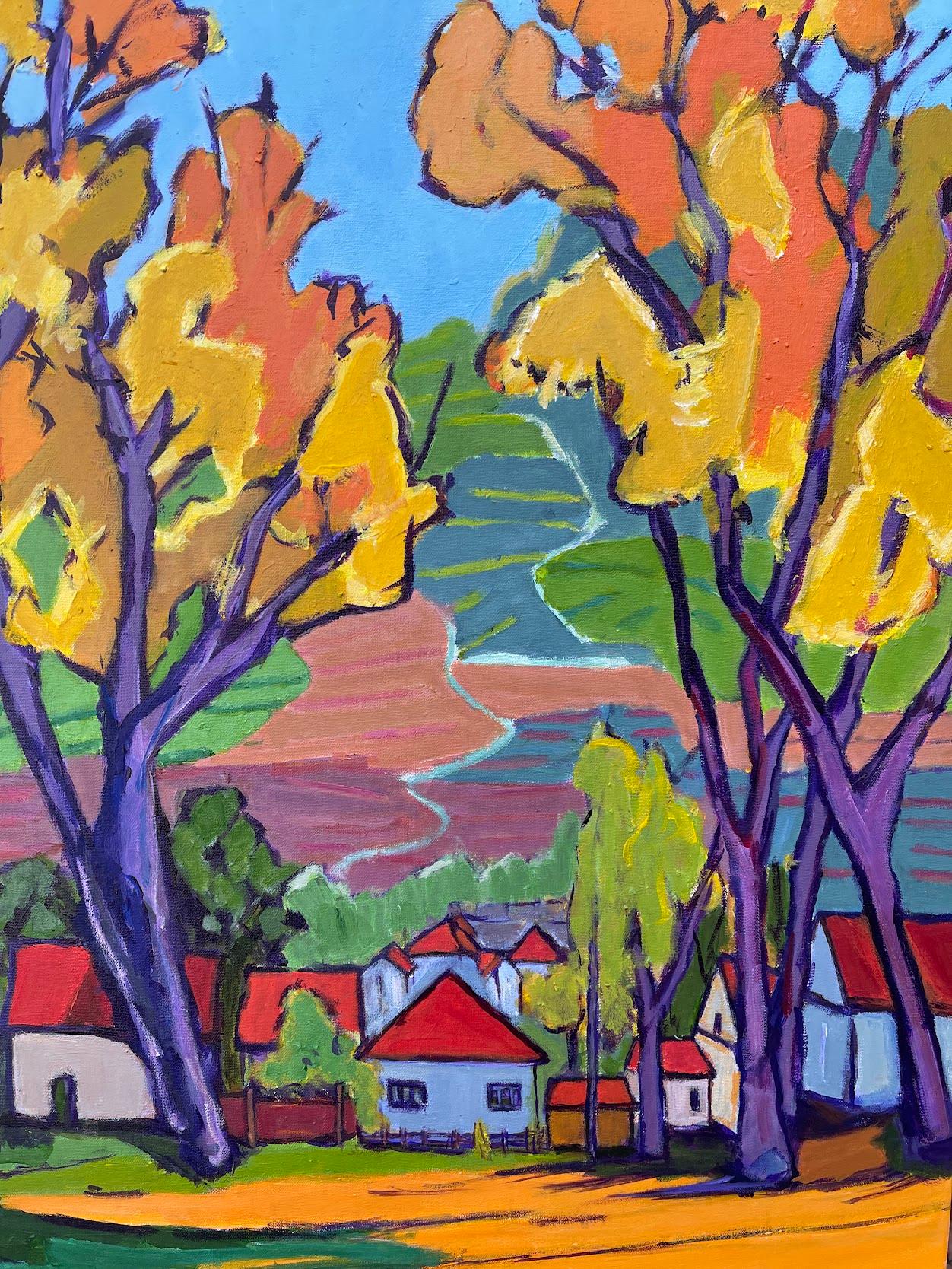 <p>Kommentare des KünstlersEine farbenfrohe Herbstszene entfaltet sich, während sich hoch aufragende Bäume mit goldenen Blättern in den azurblauen Himmel recken.<br> In der ruhigen Nachbarschaft darunter stehen malerische Häuser inmitten des Laubes.