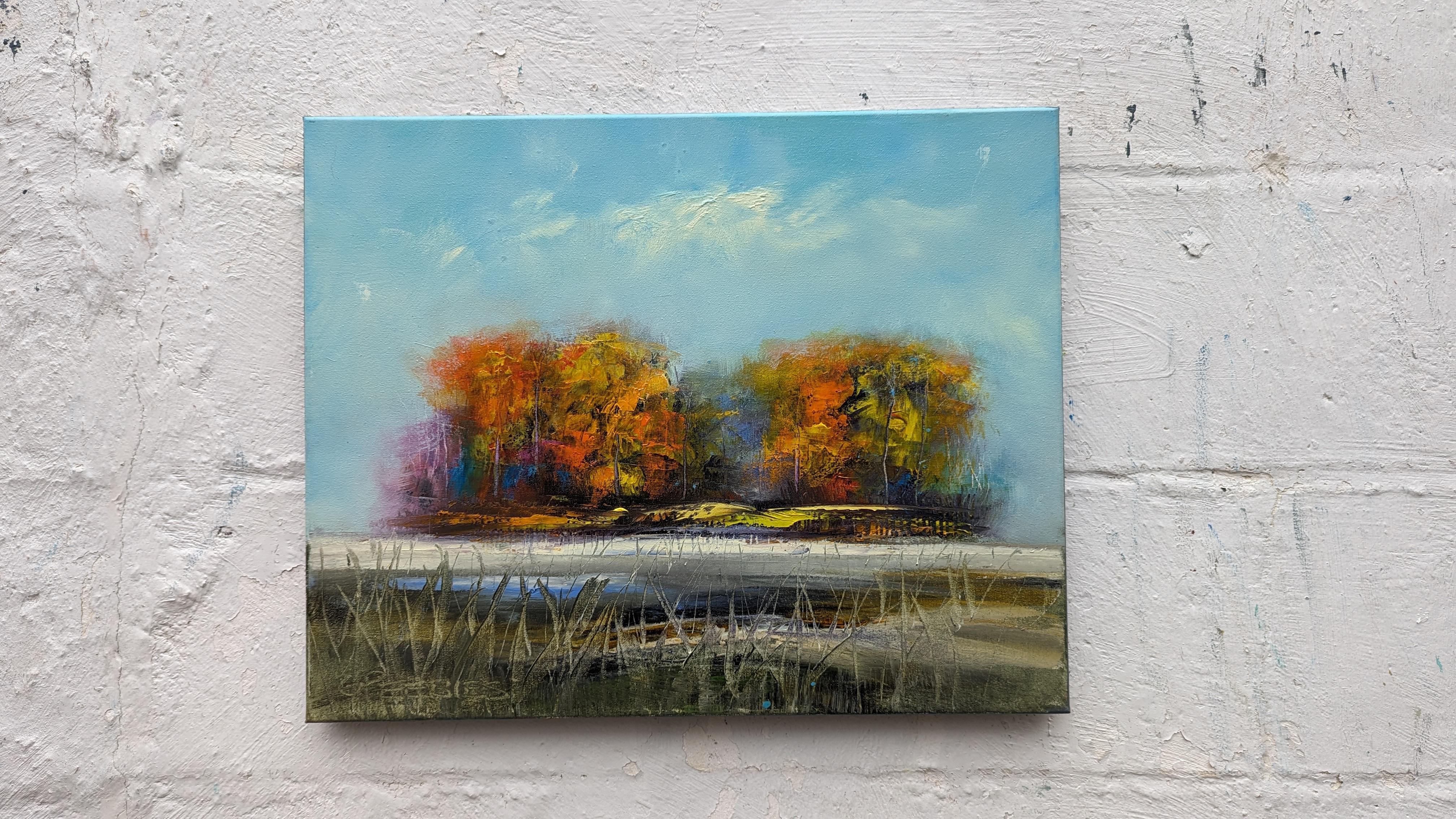 <p>Kommentare des KünstlersUnter dem blauen Himmel zeigt ein Dickicht von Bäumen sein herbstlich gefärbtes Laub.<br> Dünne Wolken in der Ferne und zarte Gräser im Vordergrund verleihen der Szene Tiefe. In verschiedenen Techniken gemalt, vermitteln