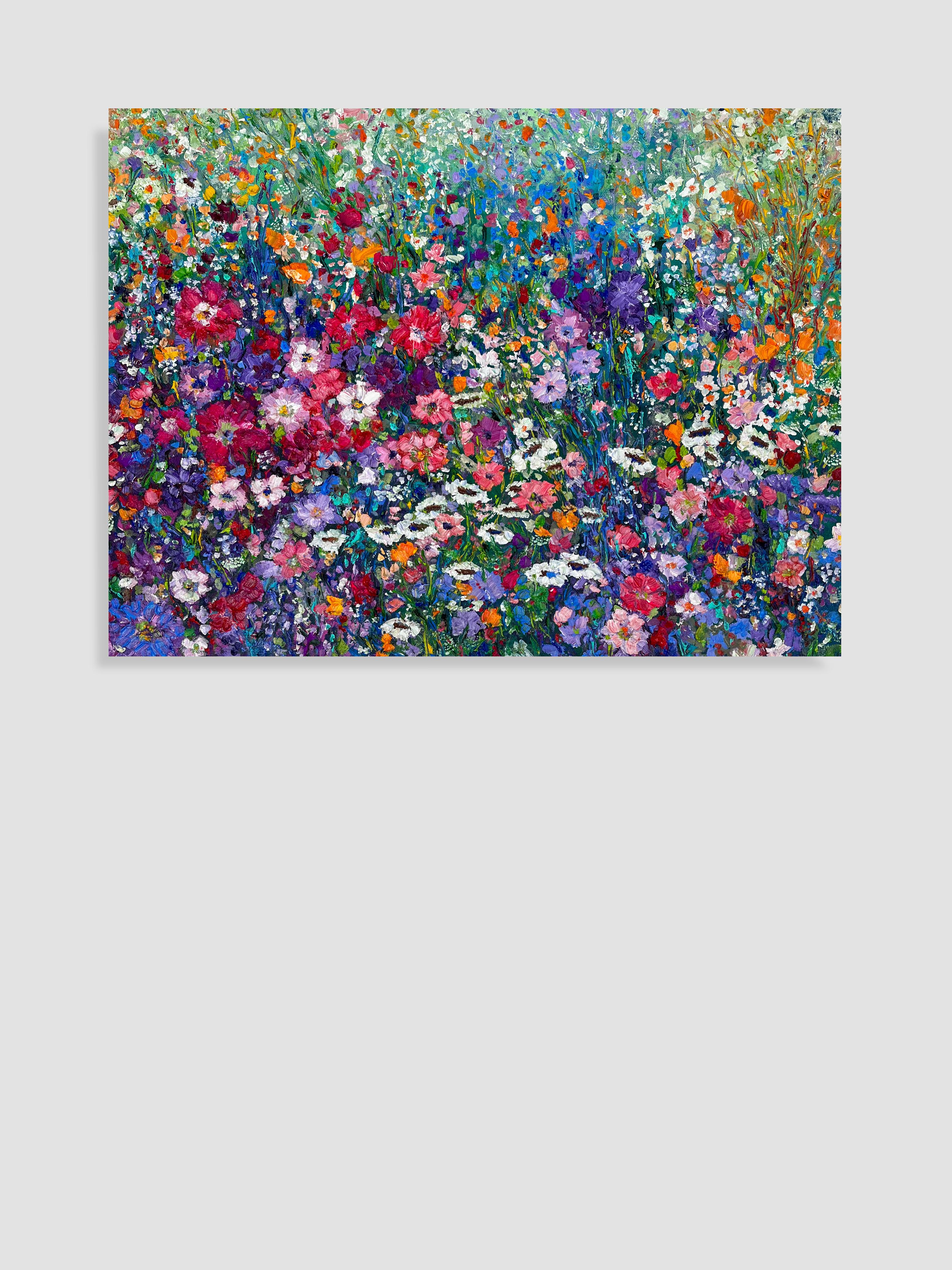 <p>Artist Comments<br>A floral parade commences in spring, with pink, purple, and white wildflowers blooming in the field, tangling up together as they follow the wind. Painted with an impressionist style and a colorful palette, the artwork captures