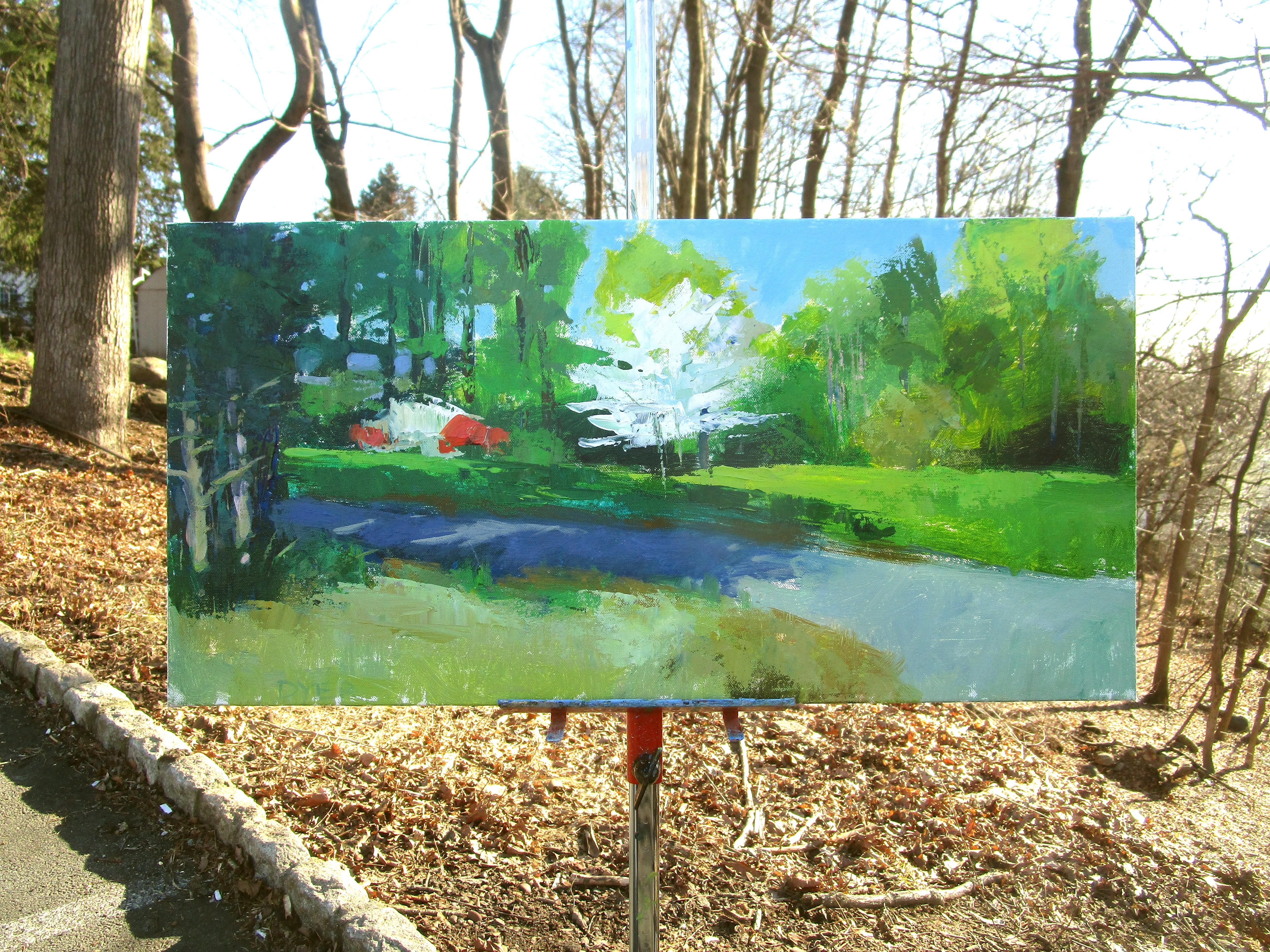 <p>Kommentare des KünstlersInmitten der grünen Landschaft blüht ein weißer Baum im Frühling, und die roten Blumen in der Ferne verleihen der Szene eine lebendige Note.<br> Das Gemälde ist in einem impressionistischen Stil gehalten und fängt den