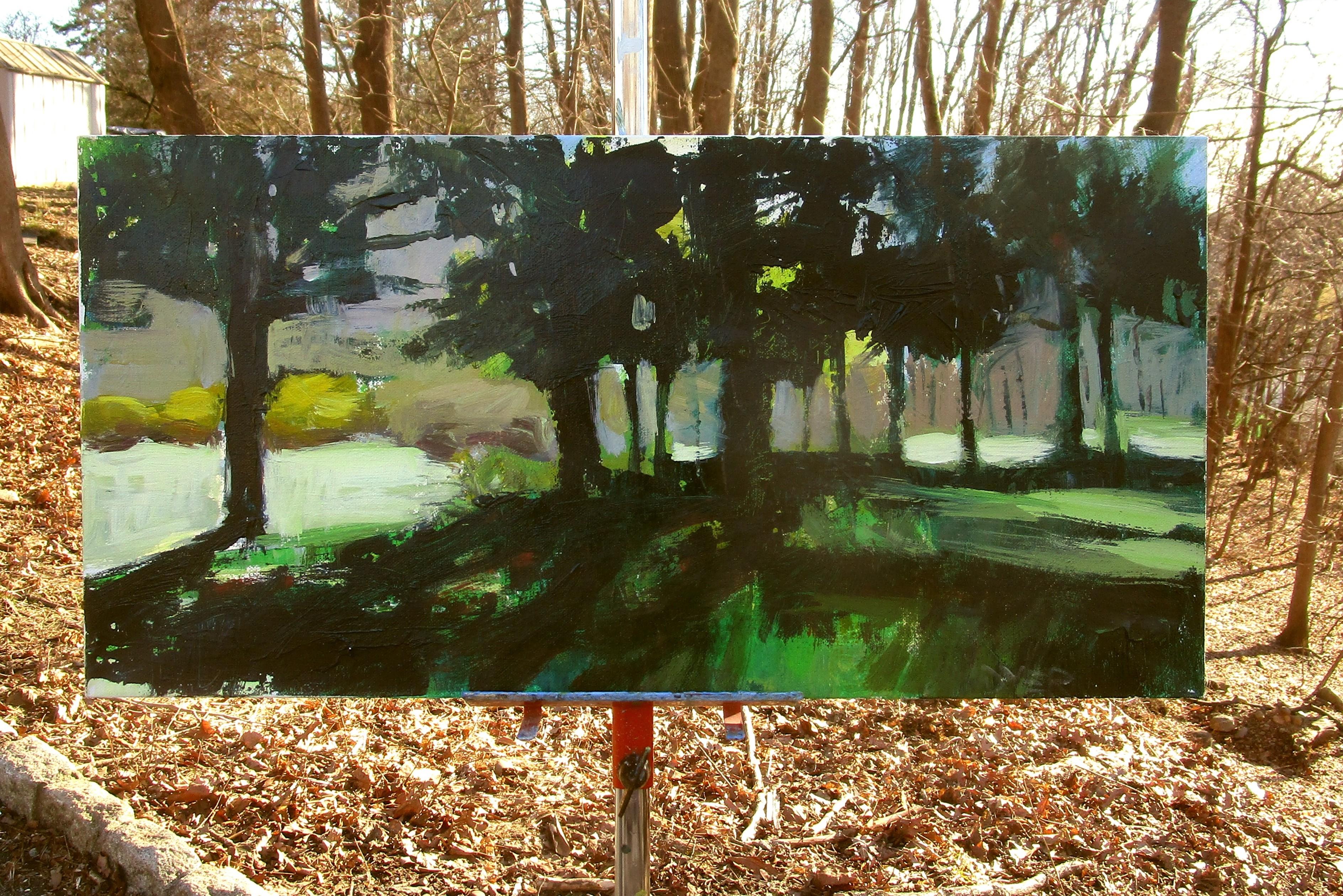 Arbres sombres, peinture originale - Impressionnisme Painting par Janet Dyer