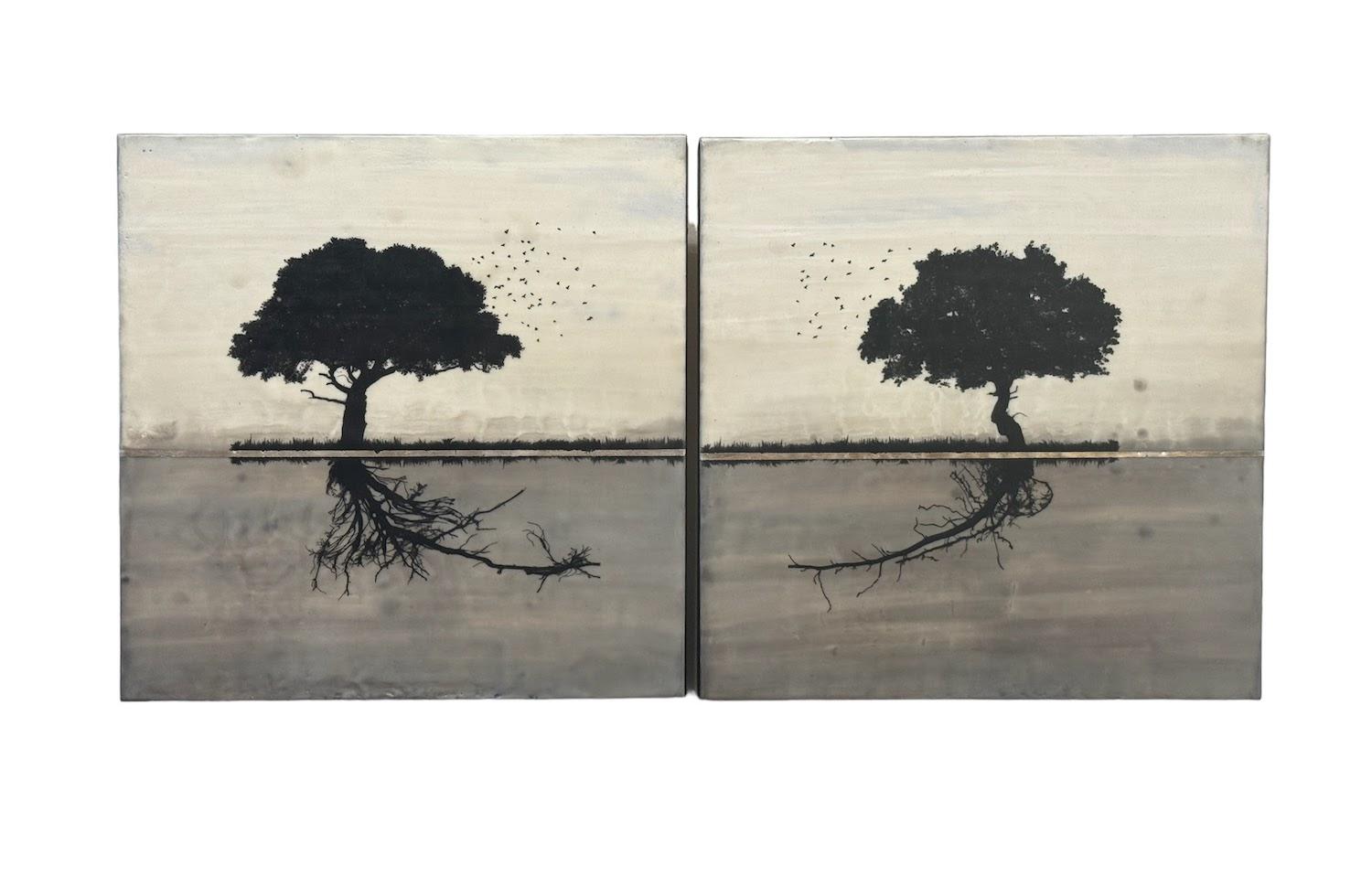 <p>Artist Comments<br>A diptych of trees boasts distinct silhouettes, with their roots seemingly reaching towards each other. Similarly, birds from their branches appear to exchange paths. This encaustic artwork, made with beeswax and a torch,
