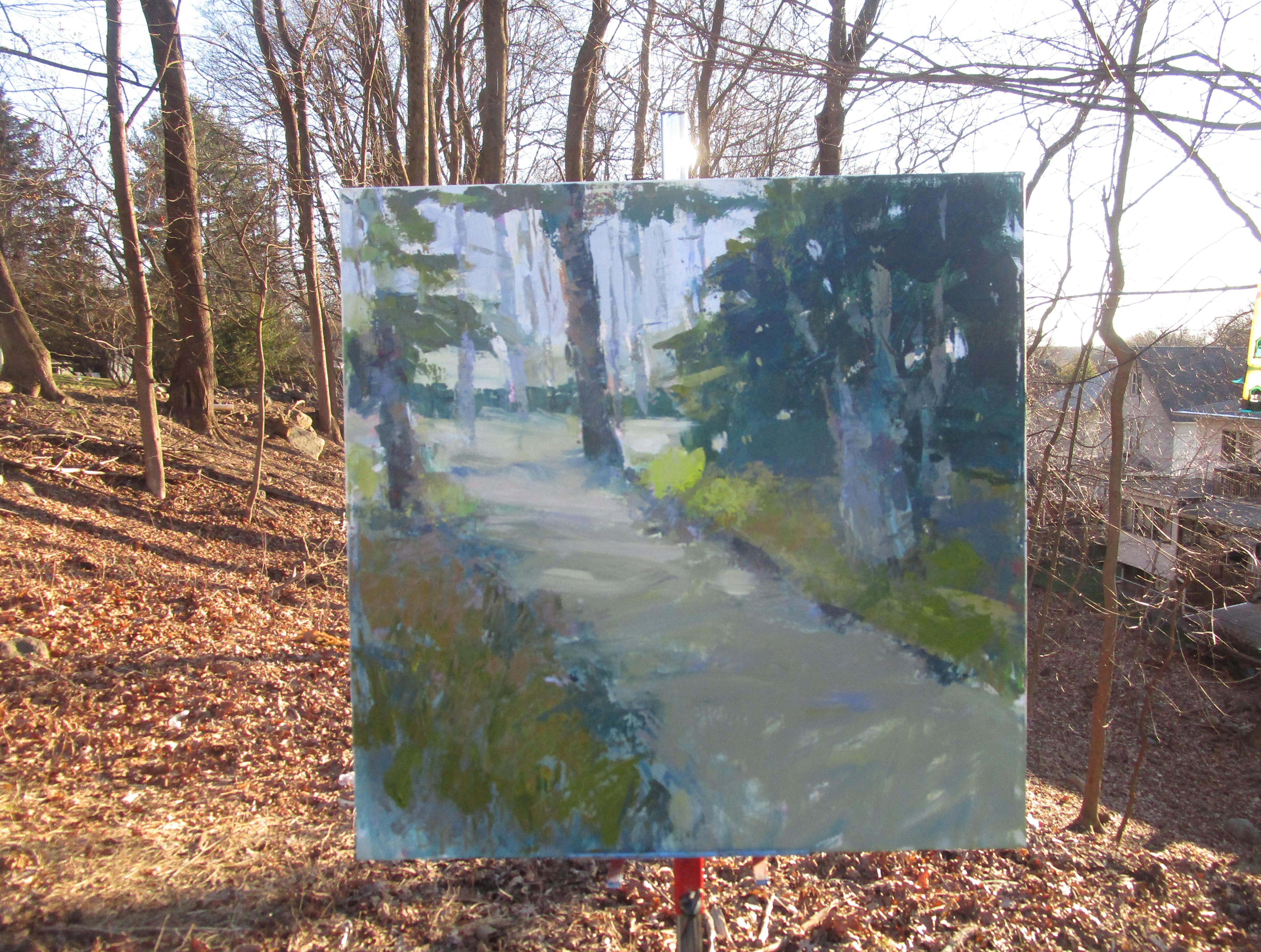 <p>Artist Comments<br>A dirt path winds through the woods, sheltered from the sun by towering trees. The artwork, painted with a brush and palette knife, features bold strokes and muted colors. A meditative ambiance exudes from the