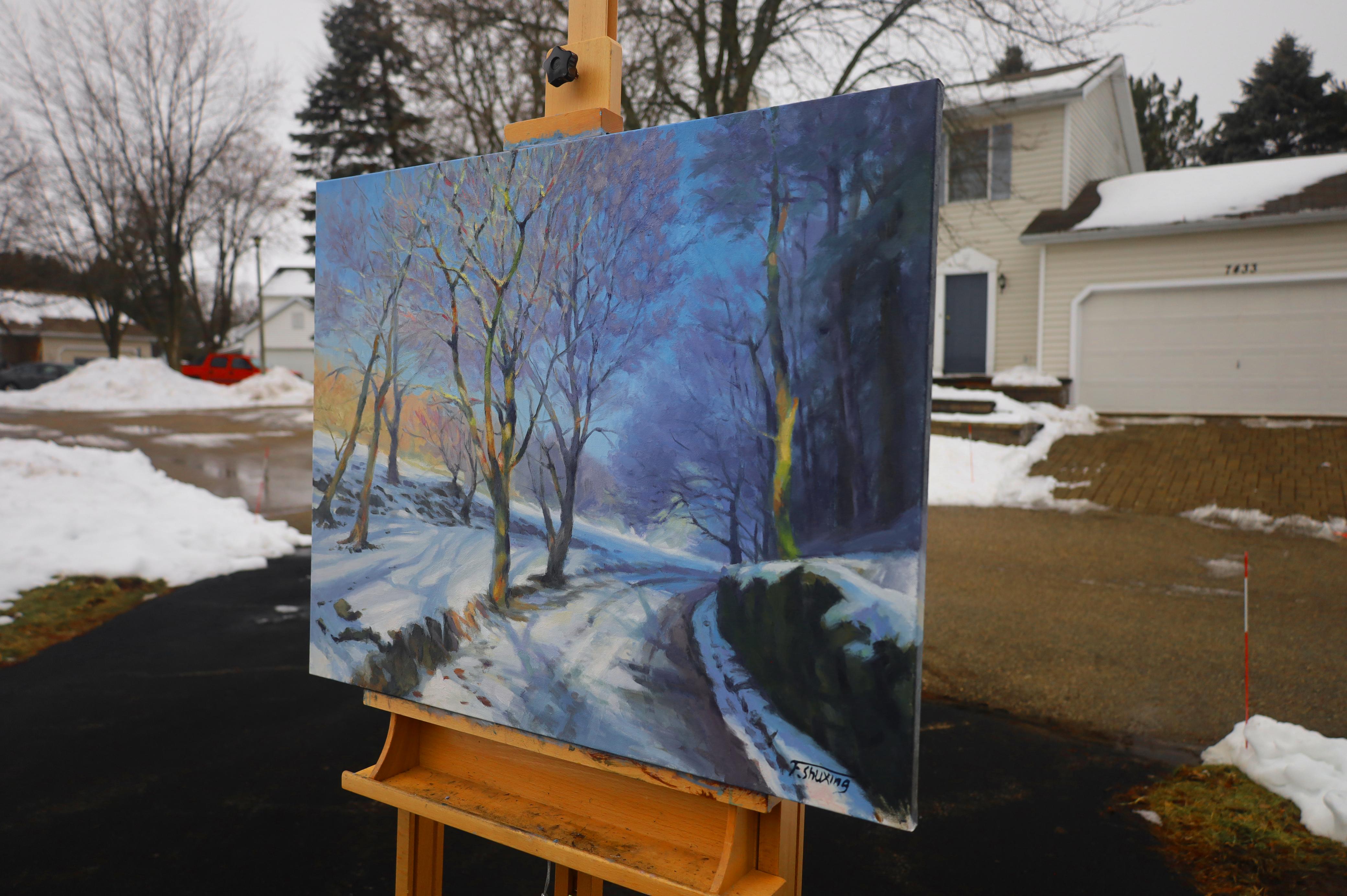 <p>Artist Comments<br>A road remains visible beneath a blanket of snow. Bordering trees, some concealed in the shade while others bask in the warmth of the sun, reveal colors and shapes that add contrast to the white surroundings. This winter scene