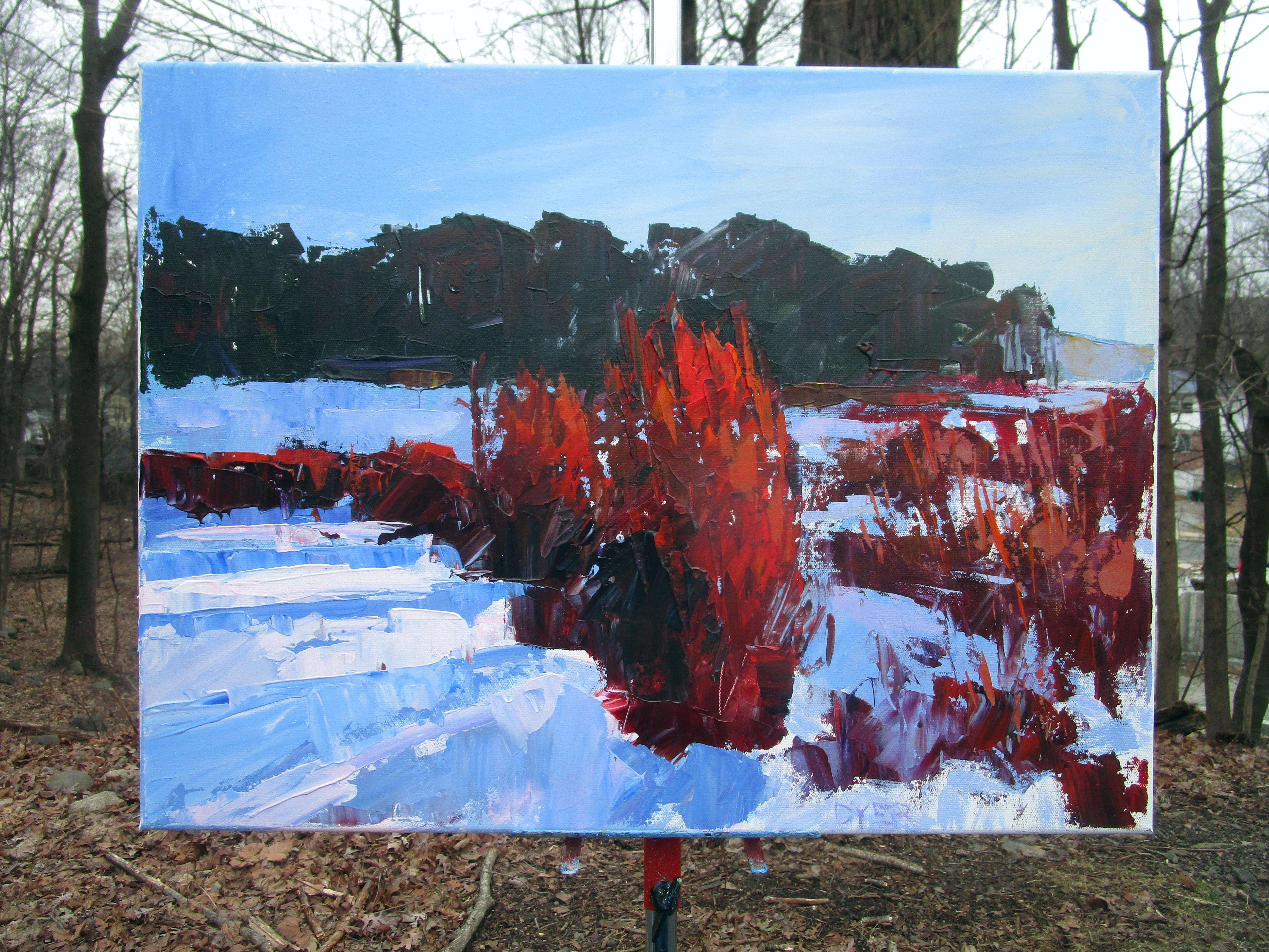 <p>Artist Comments<br>Vibrant red grass pierces through the snow, infusing fiery hues into the cold landscape. Dark green foliage extends into the distance, contrasting the whites and blues of the sky and ground. The expressive application of paint