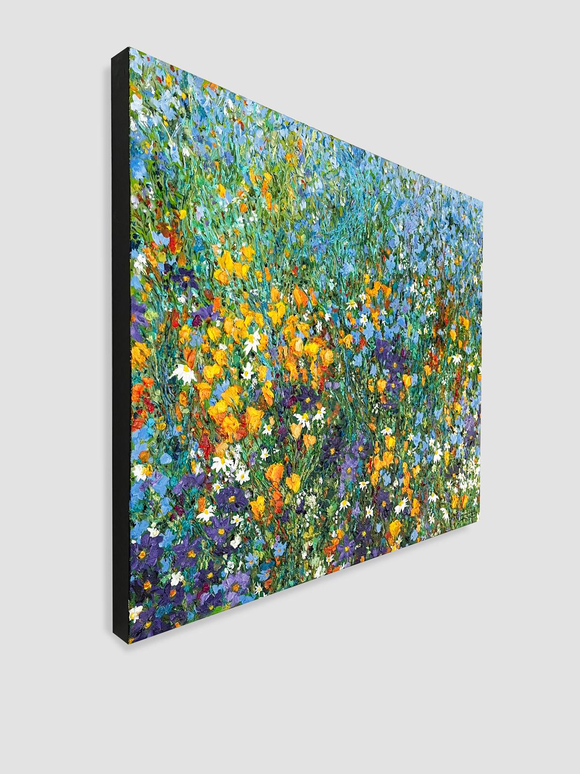 <p>Artist Comments<br>In a tranquil garden, wildflowers daydream and create their own sunshine. Blue and gold blooms dominate the cluster, with red ones adding vibrant accents. Infused with an impressionist touch, the composition's visible strokes