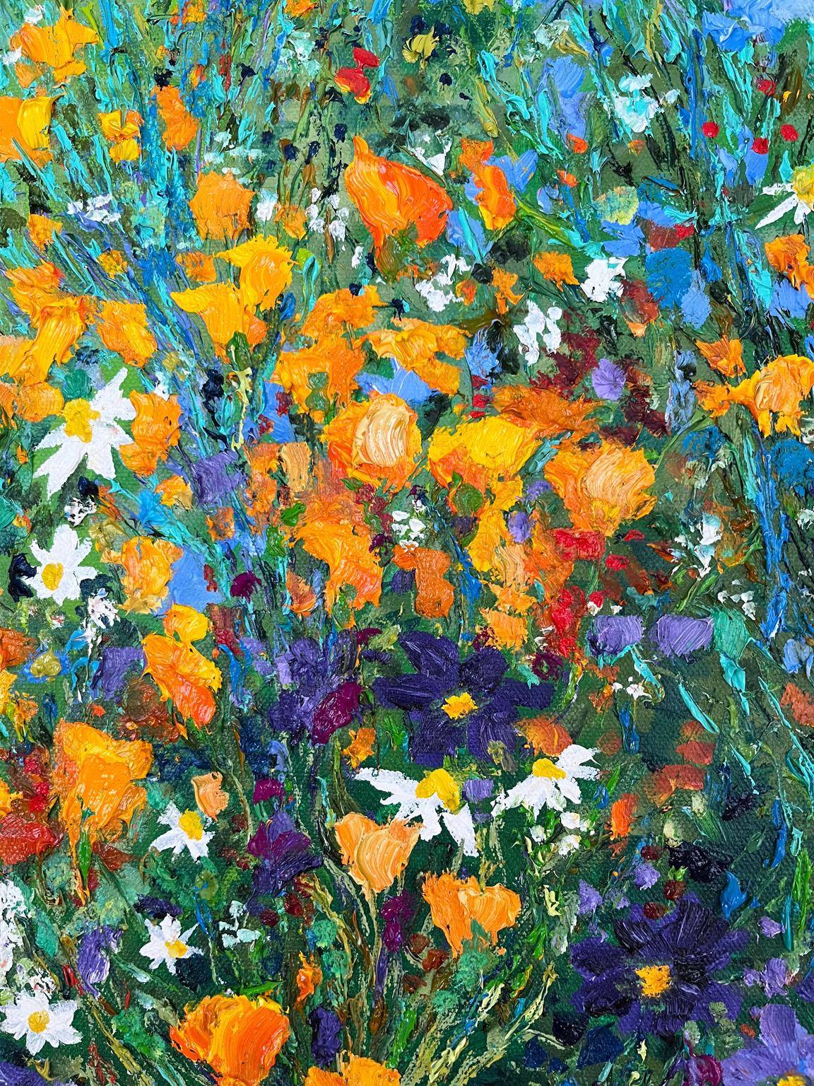 <p>Commentaires de l'artiste<br>Dans un jardin tranquille, des fleurs sauvages rêvent et créent leur propre soleil. Les fleurs bleues et or dominent la grappe, tandis que les fleurs rouges ajoutent des accents vibrants. Imprégnées d'une touche