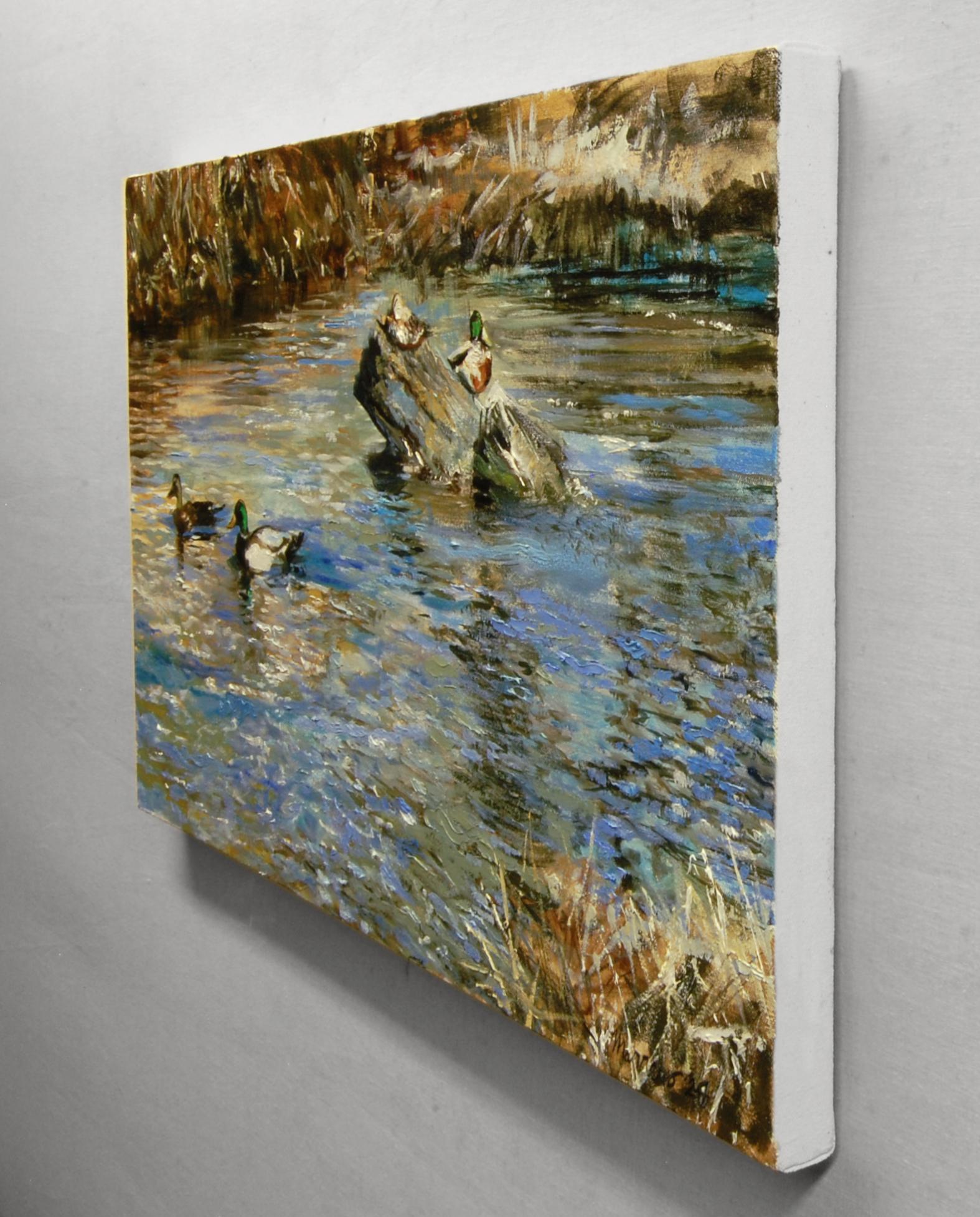 Couple de canards colverts en hiver, peinture à l'huile - Impressionnisme Art par Onelio Marrero