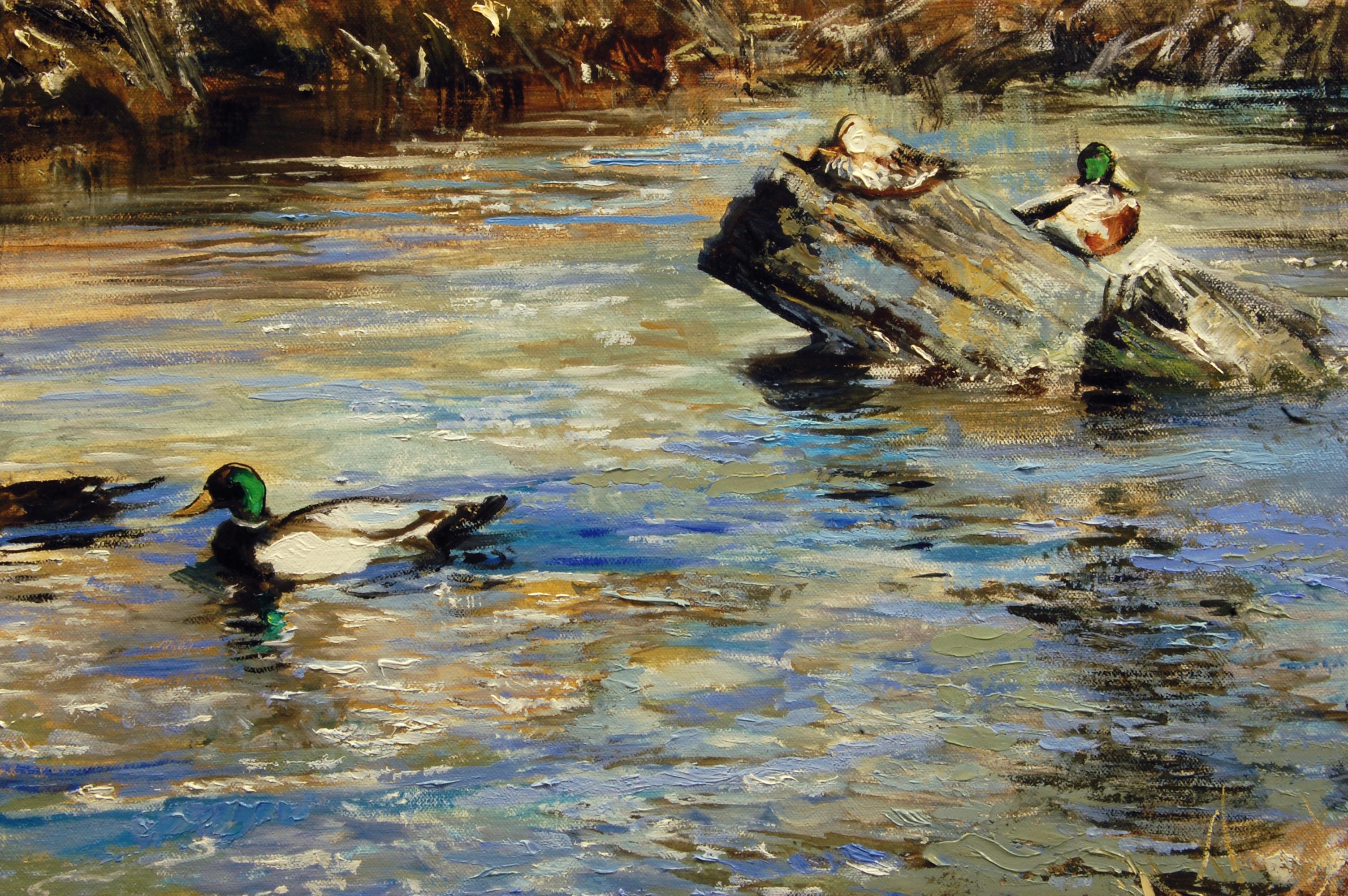 Couple de canards colverts en hiver, peinture à l'huile en vente 1