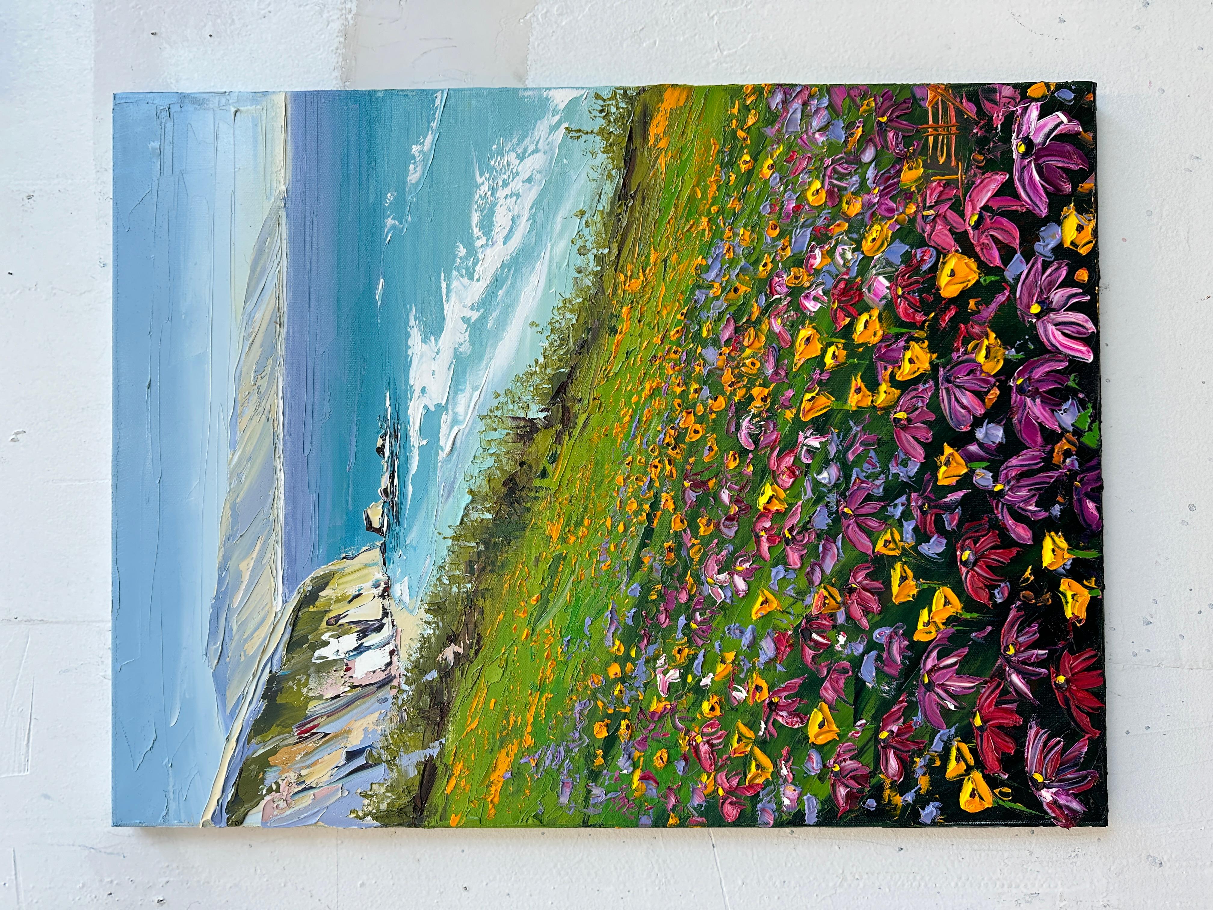 <p>Kommentare des Künstlers<br>Das Kunstwerk porträtiert die Region Big Sur mit einem Blick nach Süden auf die kalifornische Küste und Los Angeles. Üppige Hügel gehen in ockerfarbene Klippen voller Mohnblumen über, bevor sie auf den Pazifischen