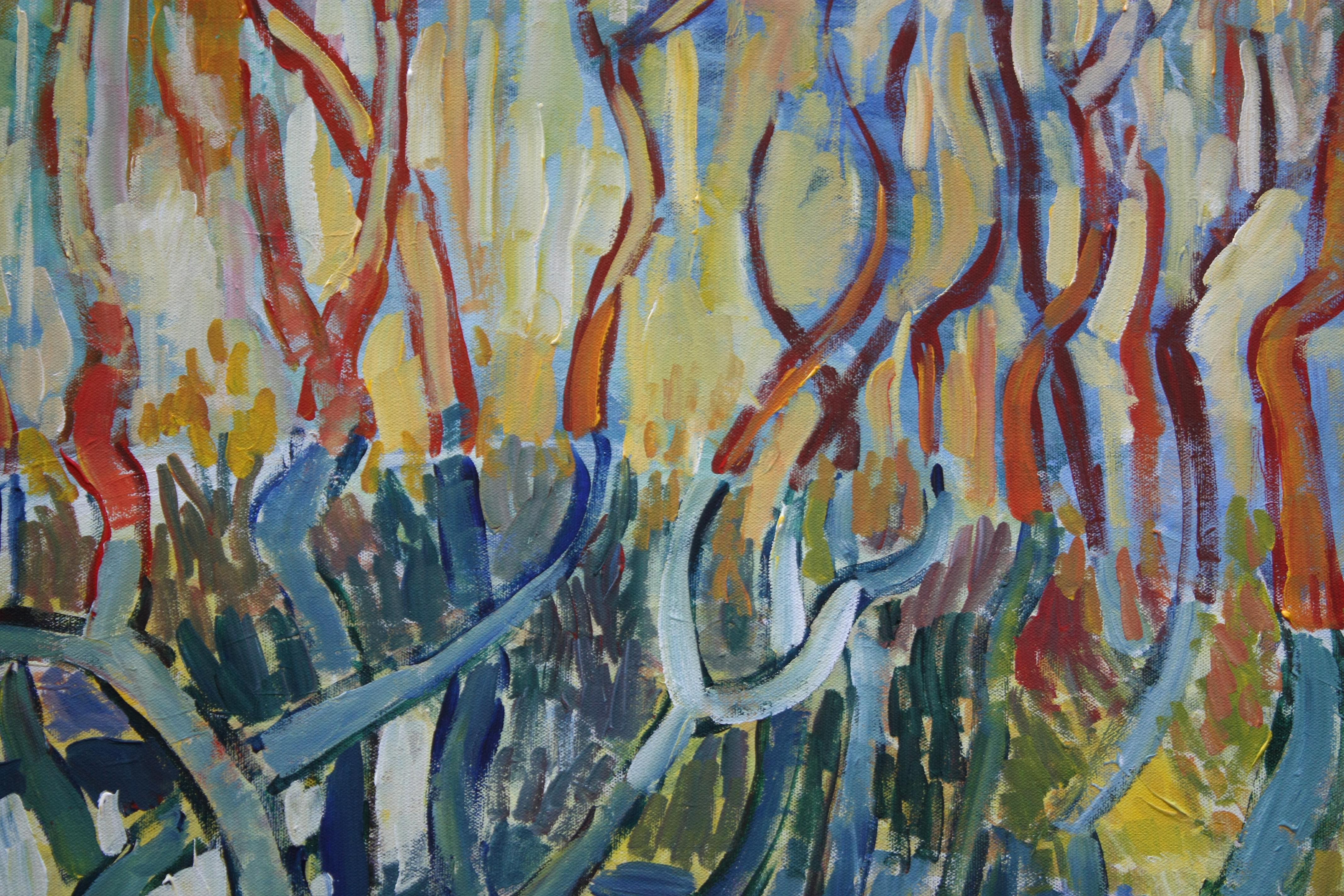 <p>Kommentare des Künstlers<br>Im letzten Licht eines Februartages in Massachusetts erstrahlen die Baumkronen in leuchtenden Farben. In Anlehnung an van Goghs kühne Landschaften kontrastiert die Untermalung mit den lebendigen Farben der Bäume. Die