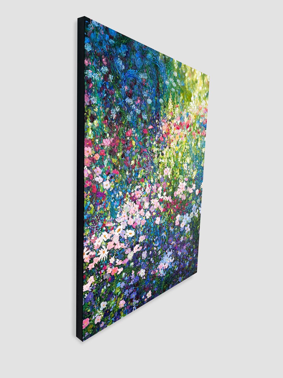 <p>Artist Comments<br>In the heart of Paris, a secluded garden stirs with the morning sun. Vibrant blue, green, and purple blend with a spontaneous burst of magenta and pink wildflowers. Thick, swirling stems weave among delicate blooms. The