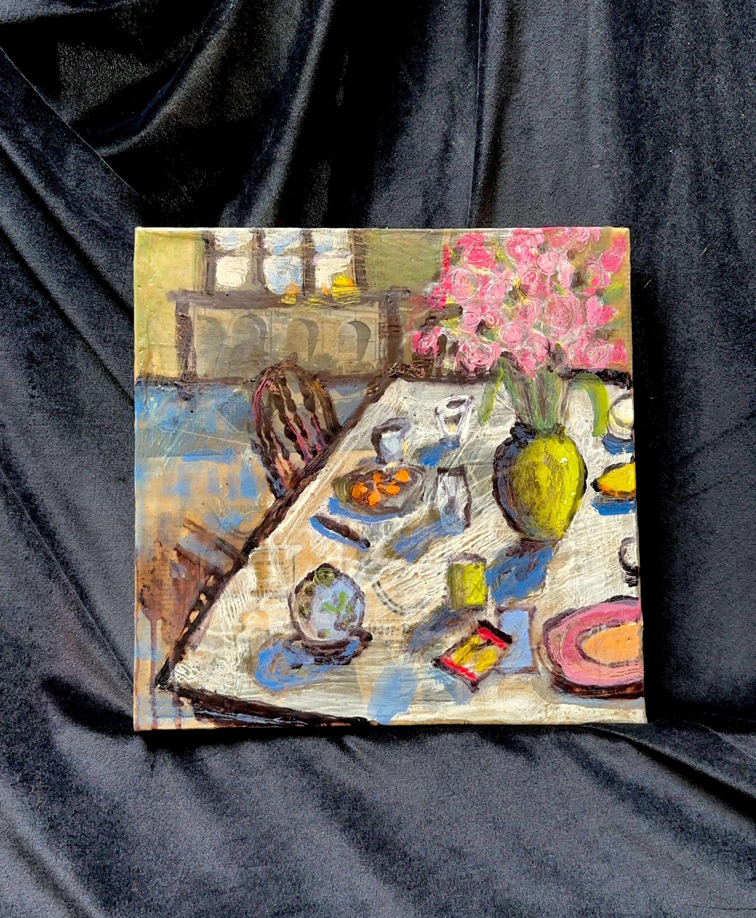 <p>Artist Comments<br>A green vase with pink roses graces the center of a dining table. Food, dishes, and cutlery tell a story of a vibrant life. Using a cradled panel, artist James Hartman applies a collage of antique ephemera with beeswax,
