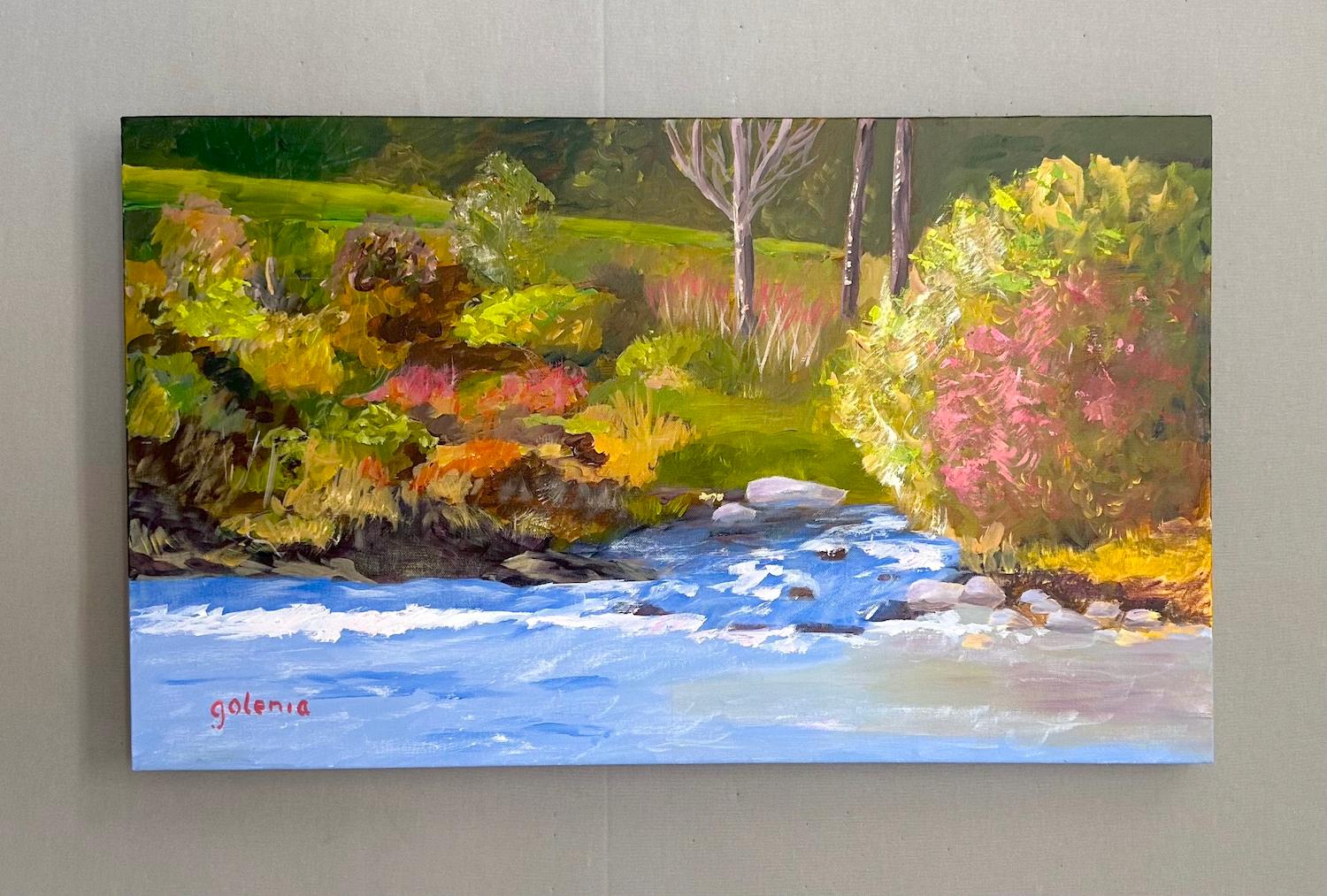 <p>Artist Comments<br>Grass, bushes, and trees form a picturesque setting for a rivulet that subtly joins a stream. Varied brushstrokes capture the nuances of their forms and textures, while warm colors evoke the gentle touch of sunlight. The scene