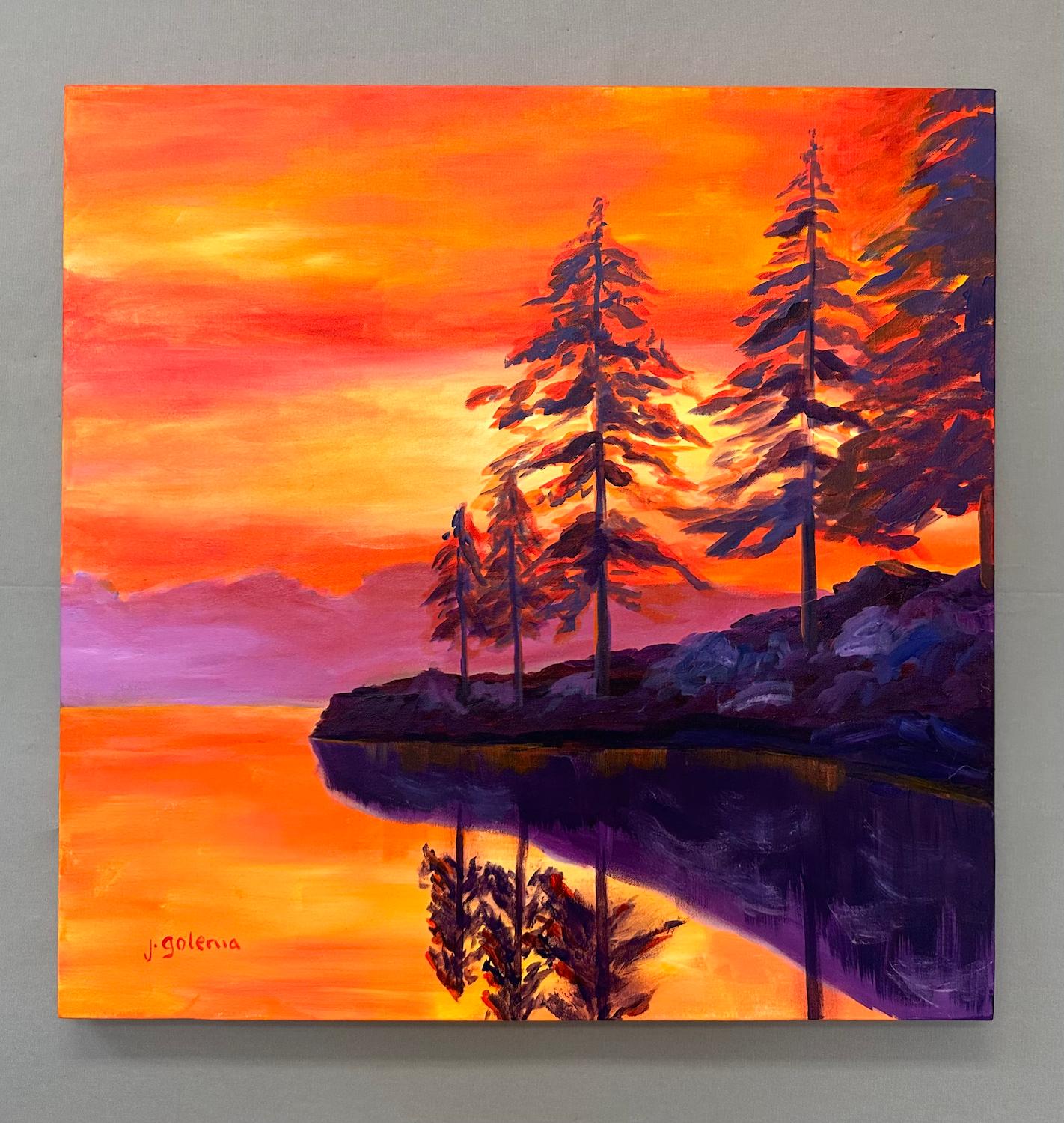 <p>Artist Comments<br>The sky glows orange, its vibrant colors reflected upon the lake. Pine trees grace the horizon with their distinct silhouettes. While the far shore emits a faint glow, the near outcrop remains in deep shadows. As the sun sets,