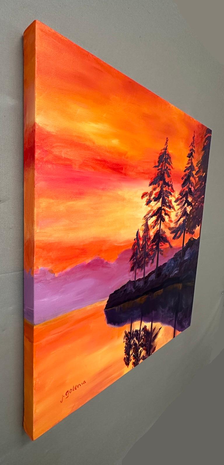 <p>Kommentare des Künstlers<br>Der Himmel leuchtet orange, seine leuchtenden Farben spiegeln sich auf dem See. Kiefern schmücken den Horizont mit ihren markanten Silhouetten. Während das ferne Ufer schwach leuchtet, bleibt der nahe Ausläufer im