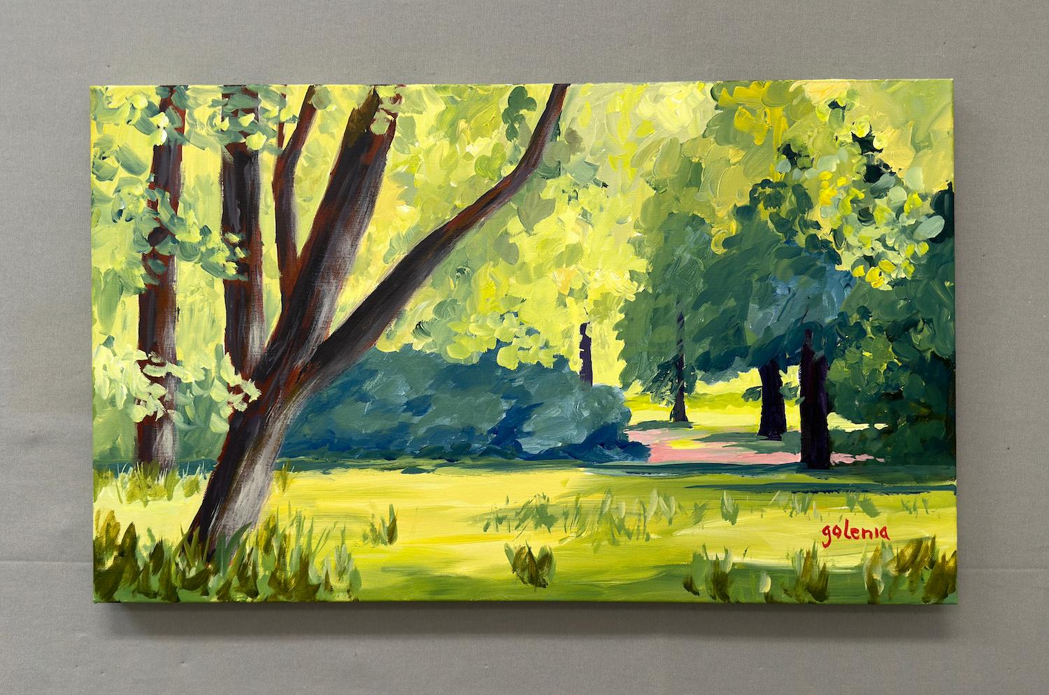 <p>Artist Comments<br>Abundant with trees, the painting offers a visual sanctuary. The blend of warm yellow greens and cooler blue greens evokes feelings of freshness that calm the eye. Soft brushstrokes mimic the gentle rustling of leaves in a