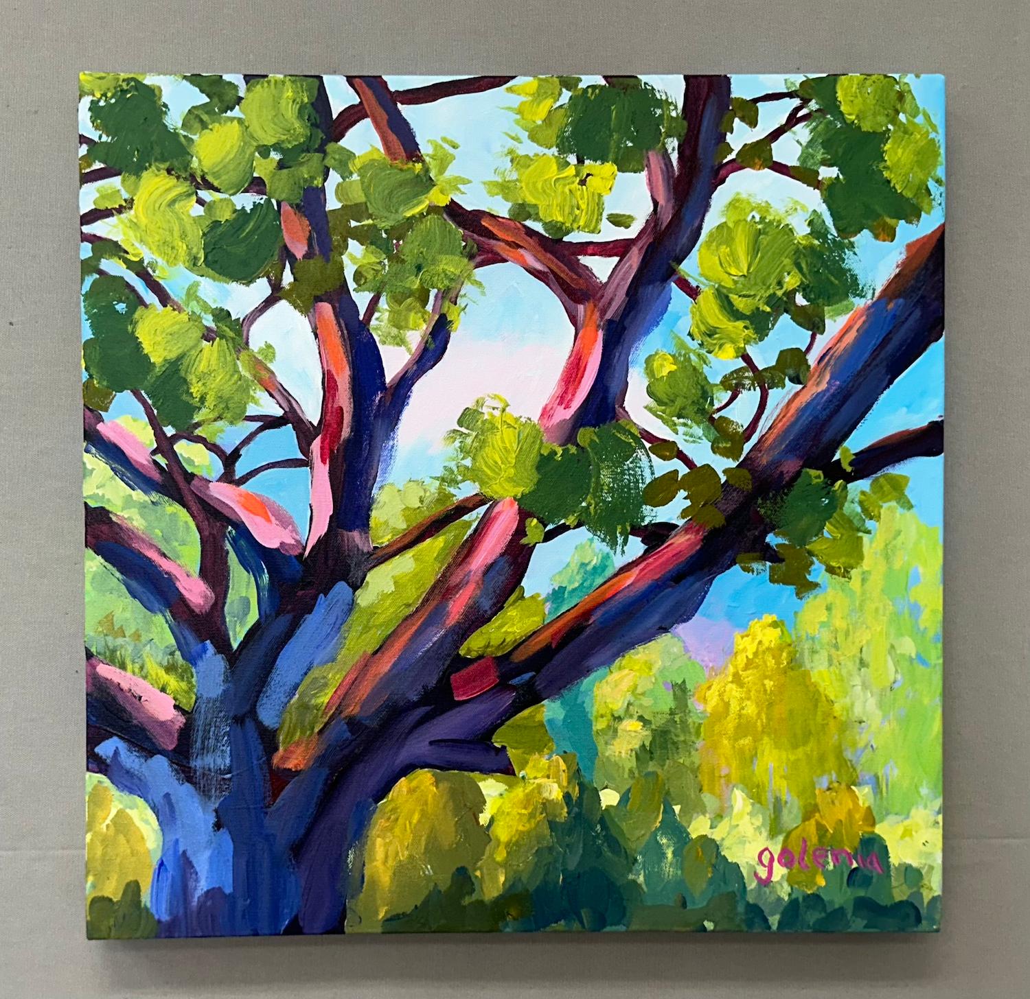 <p>Artist Comments<br>With a contrasting cool-hued trunk and sun-kissed branches and leaves, an oak tree boasts a stylized image. Under the brilliant sky, the surrounding woodland glows in the sun. Bold and impressionistic brushstrokes imbue the