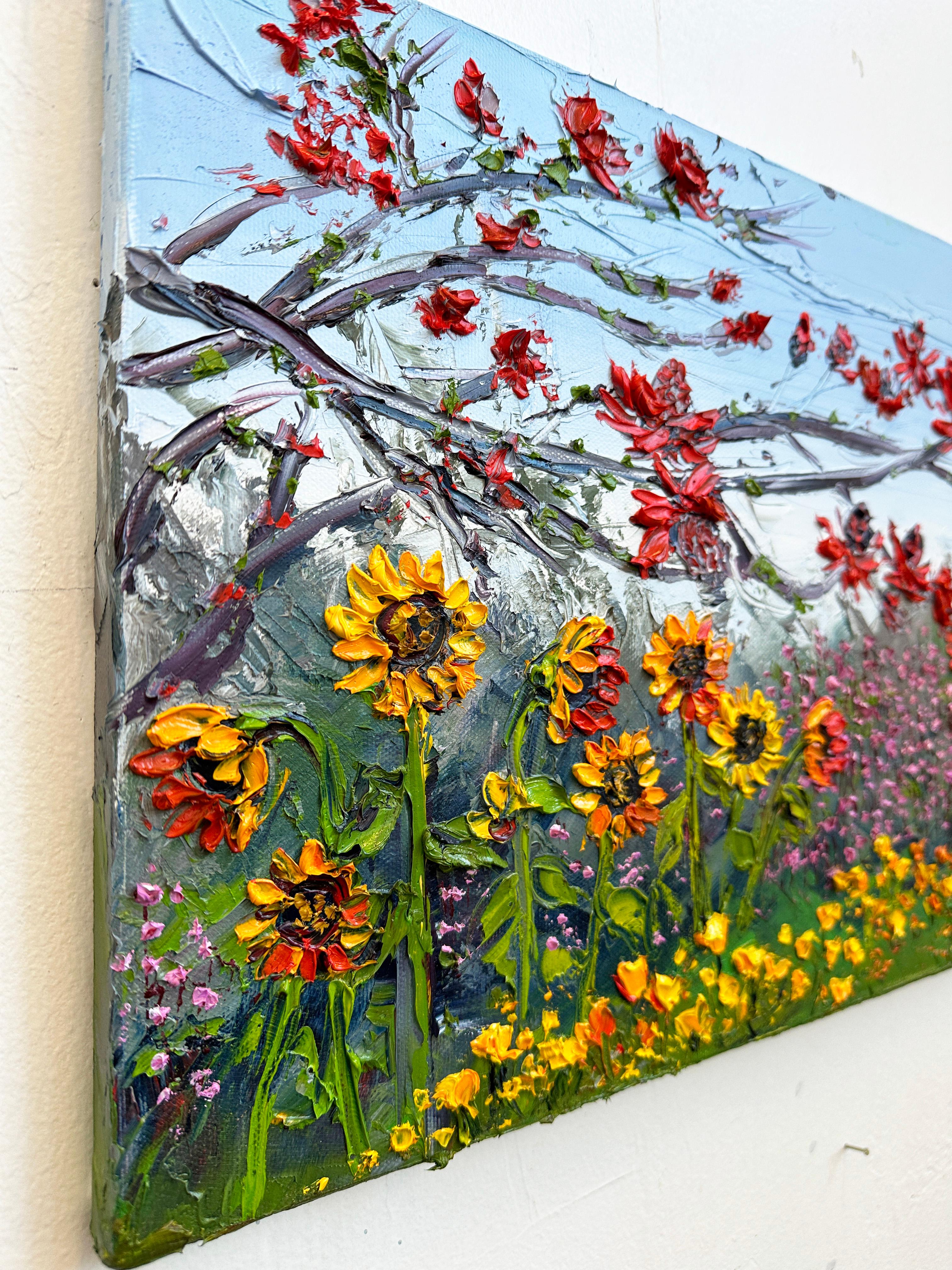 <p>Artist Comments<br>A garden teeming with Southern California sunflowers and peonies burst with delight. Its blooming inhabitants engage in a gentle dance, following the wind's command. A small trail makes its way into the lush garden, inviting