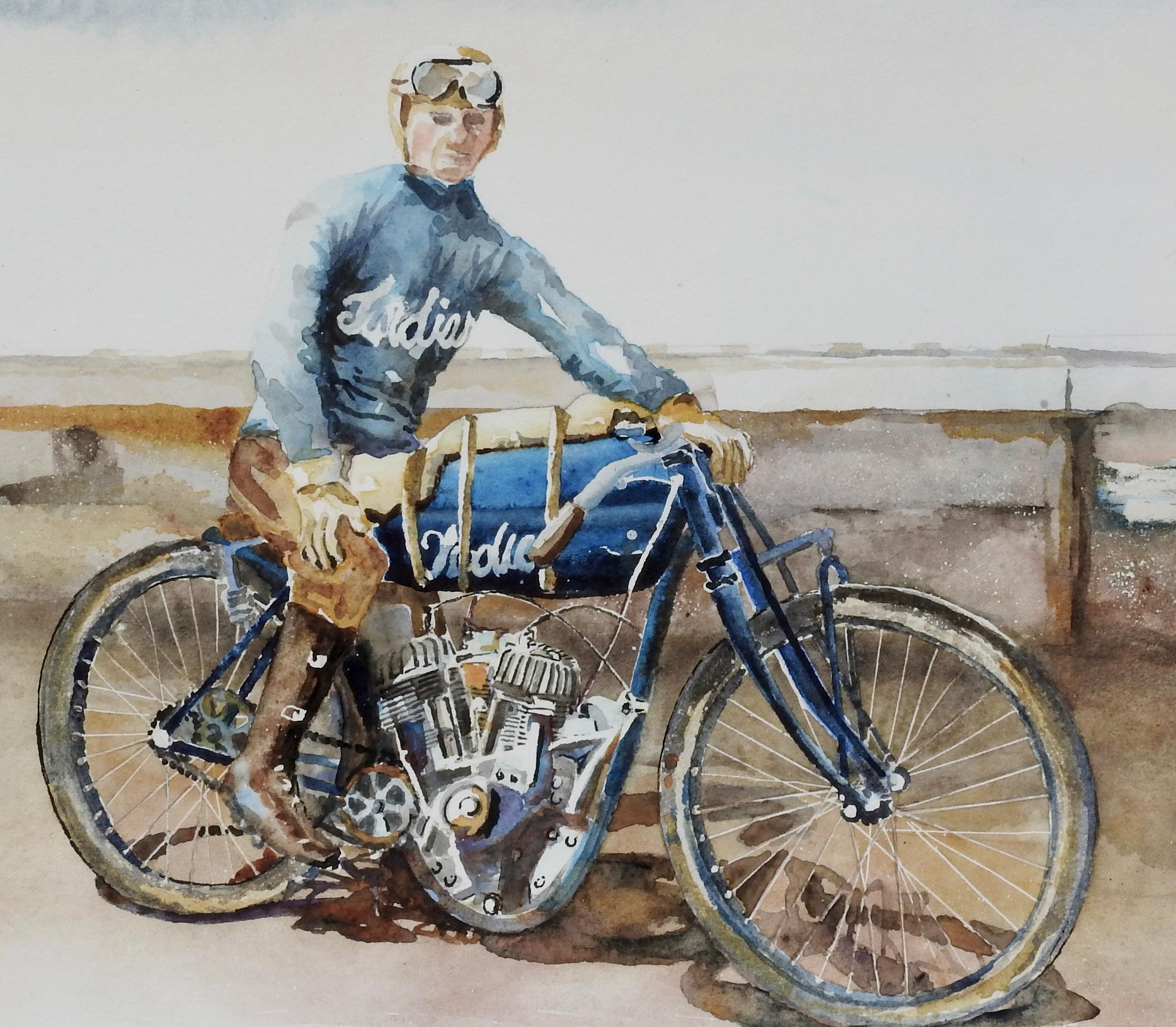 <p>Artist Comments<br>A rider halts on a dirt track, possibly appreciating the scenery around him. Fueled by his passion for motorcycle racing in his twenties, artist Thomas Hoerber developed a lasting love for the sport. After stumbling on a