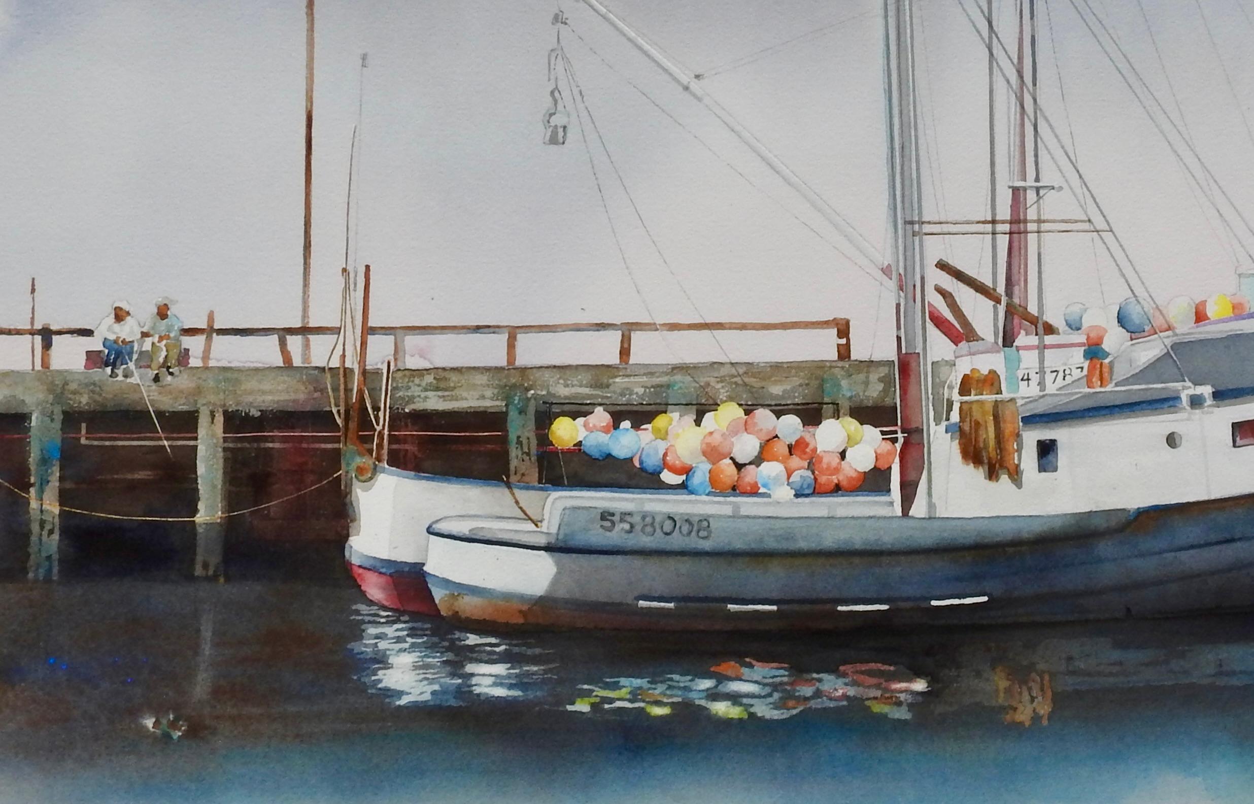 <p>Kommentare des Künstlers<br>Die bunten Bojen eines Fischerbootes im Hafen von San Pedro spiegeln sich auf dem dunklen, ruhigen Wasser. Der graue Himmel gibt einen friedlichen Ton an. Die beiden Männer, die von den Docks aus fischen, wecken beim