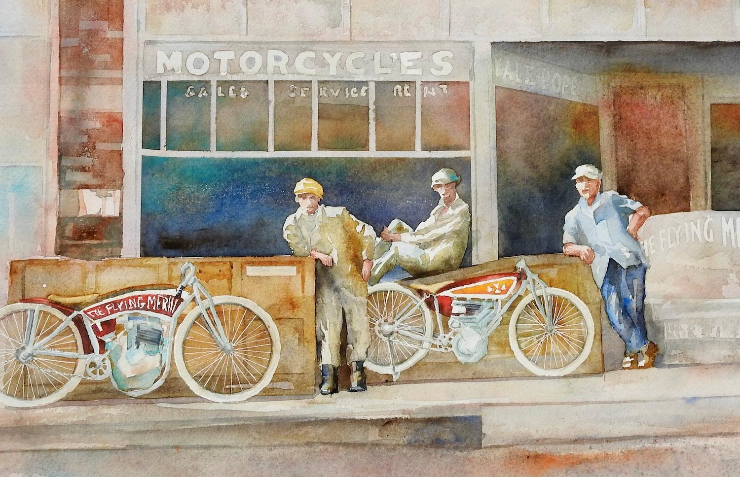 <p>Artist Comments<br>Three men pose in front of their store, eagerly awaiting customers. Inspired by a vintage photograph found at a garage sale, the painting's warm tones exude a nostalgic charm. This piece is a part of artist Thomas Hoerber's