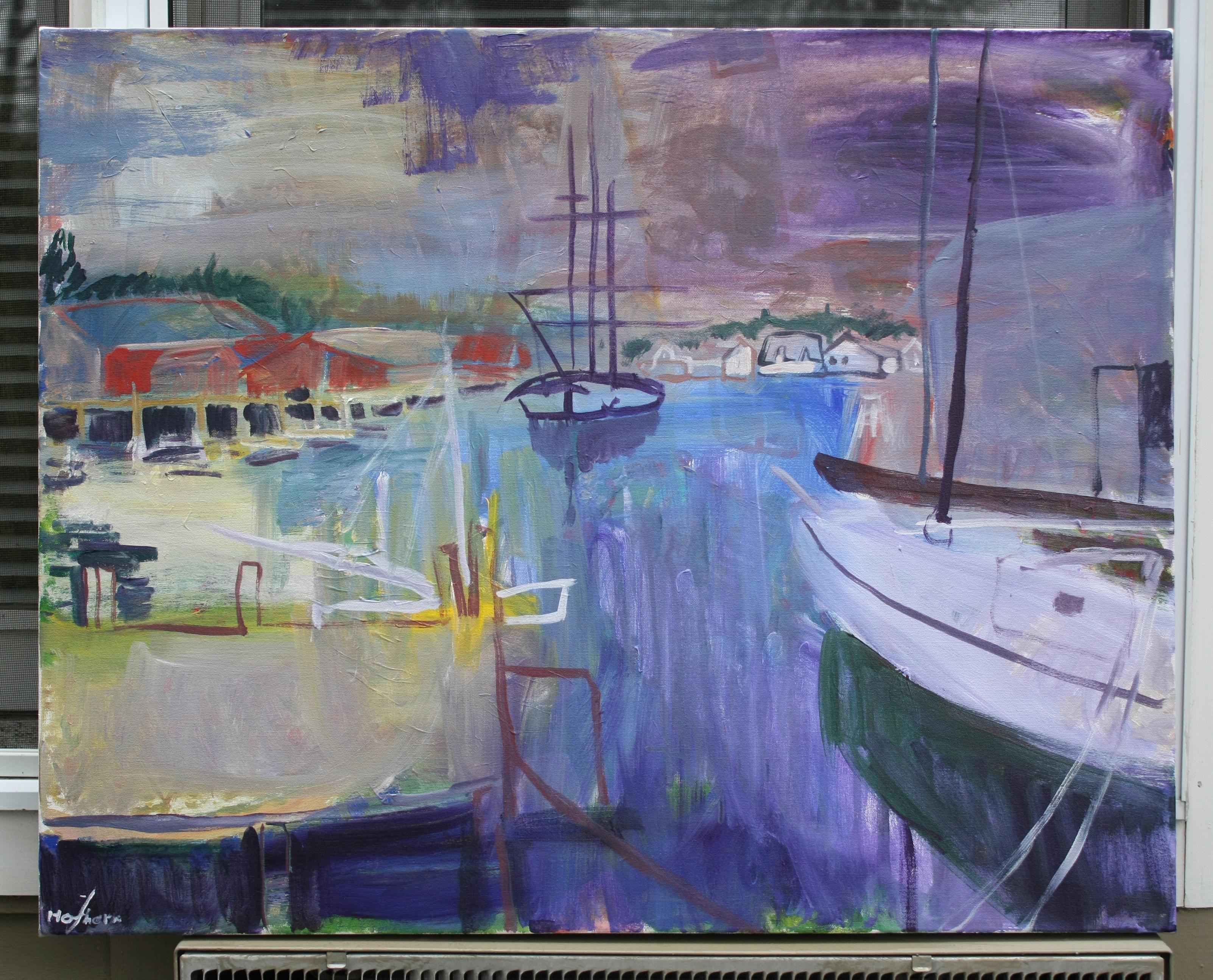 <p>Artist Comments<br>A New England seaport transforms into a stylized seascape through unusual colors, expressive strokes, and minimal details. One sailboat navigates the water while the other remains docked, nestled among the houses on the shore.