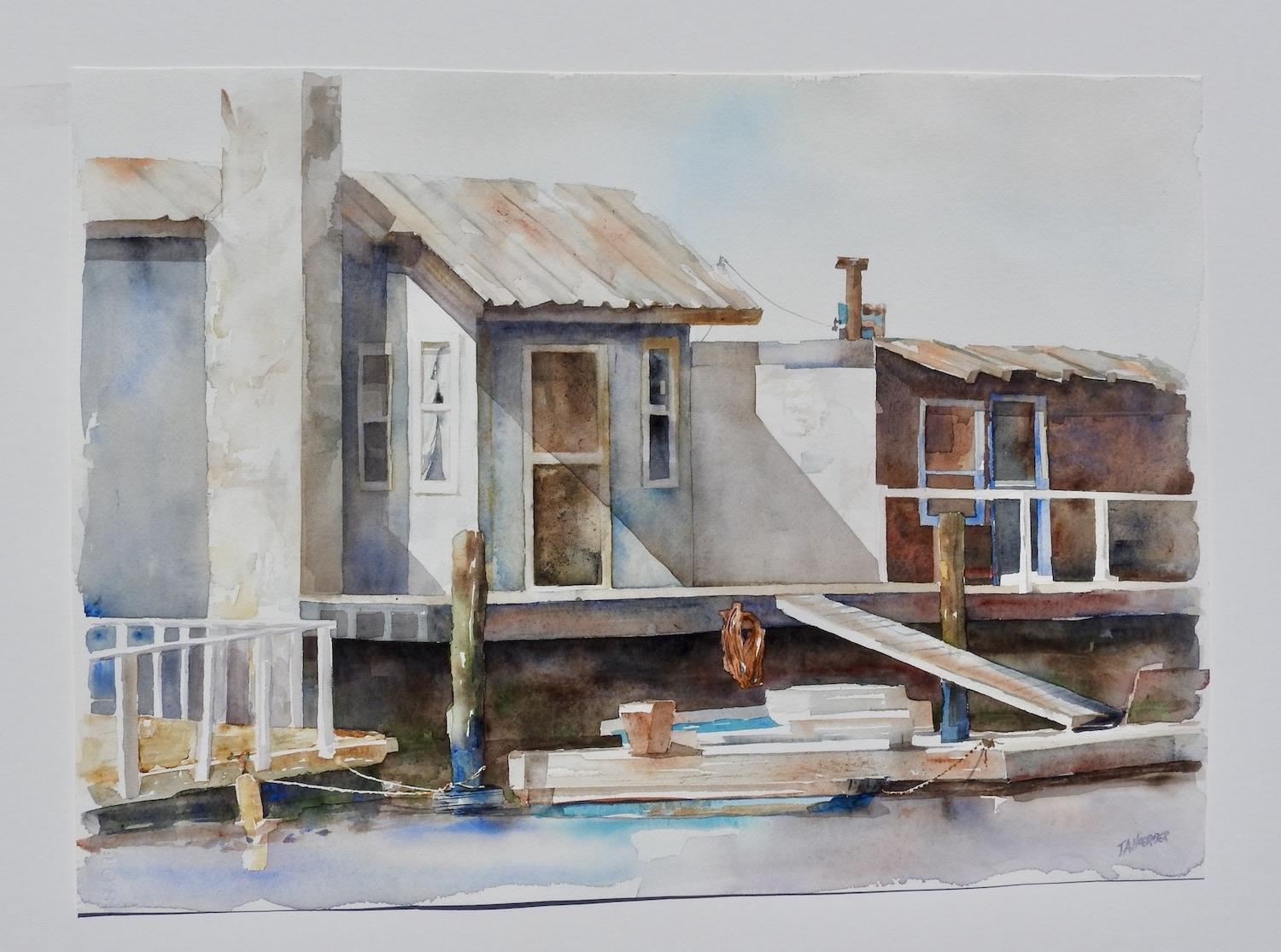 <p>Artist Comments<br>In the San Francisco Bay, just beyond Sausalito, weathered shacks stand abandoned along the water's edge. The sun peeks through the overcast sky, casting enchanting hues and soft shadows. The scene exudes a rugged and timeless