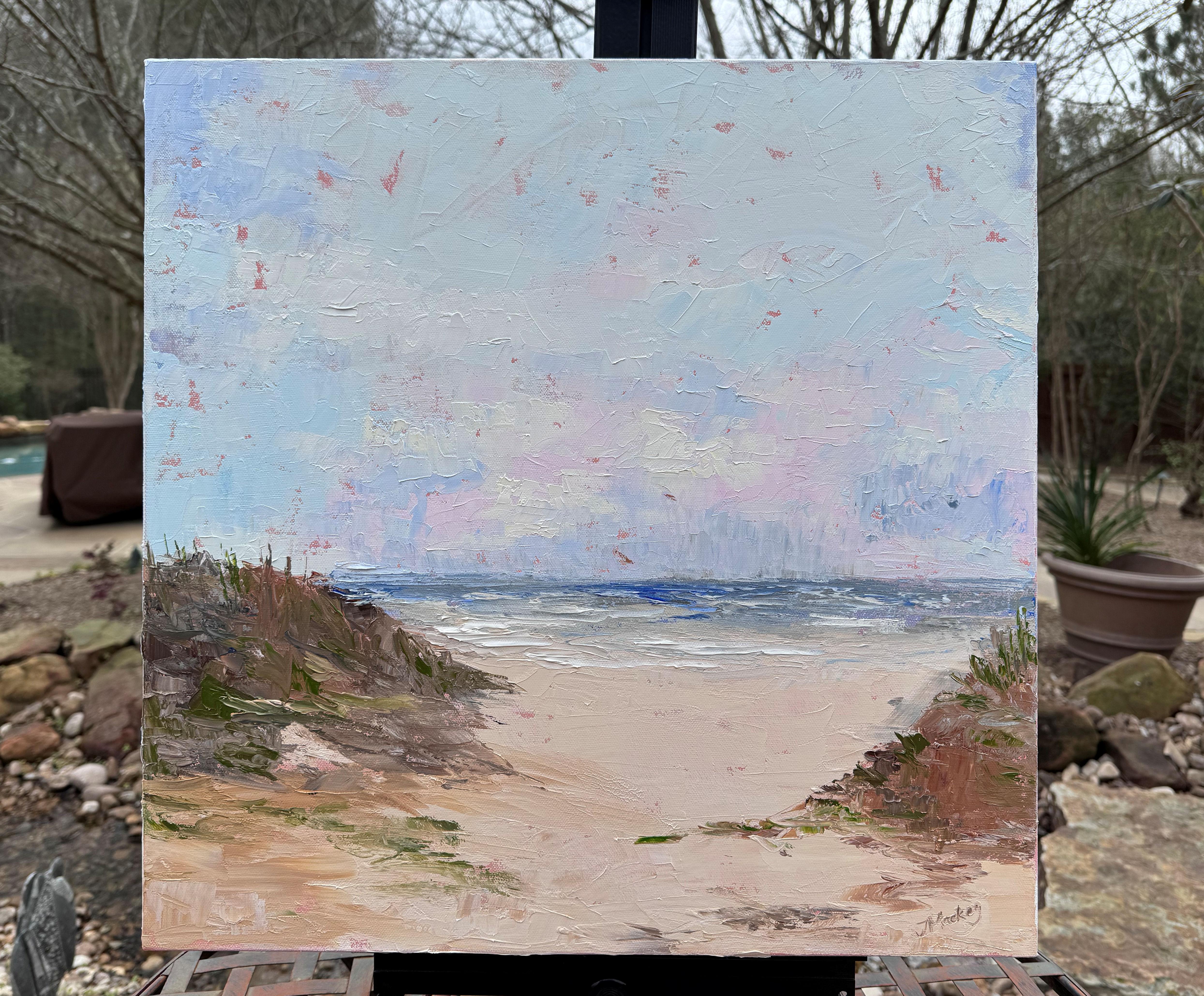 <p>Artist Comments<br />Gentle waves lap on a quiet beach. The palette knife strokes mimic the soothing motion of the waves, complemented by the softness of the clouds and the wispy beach grass. Warm peach tones peek through, adding depth and warmth