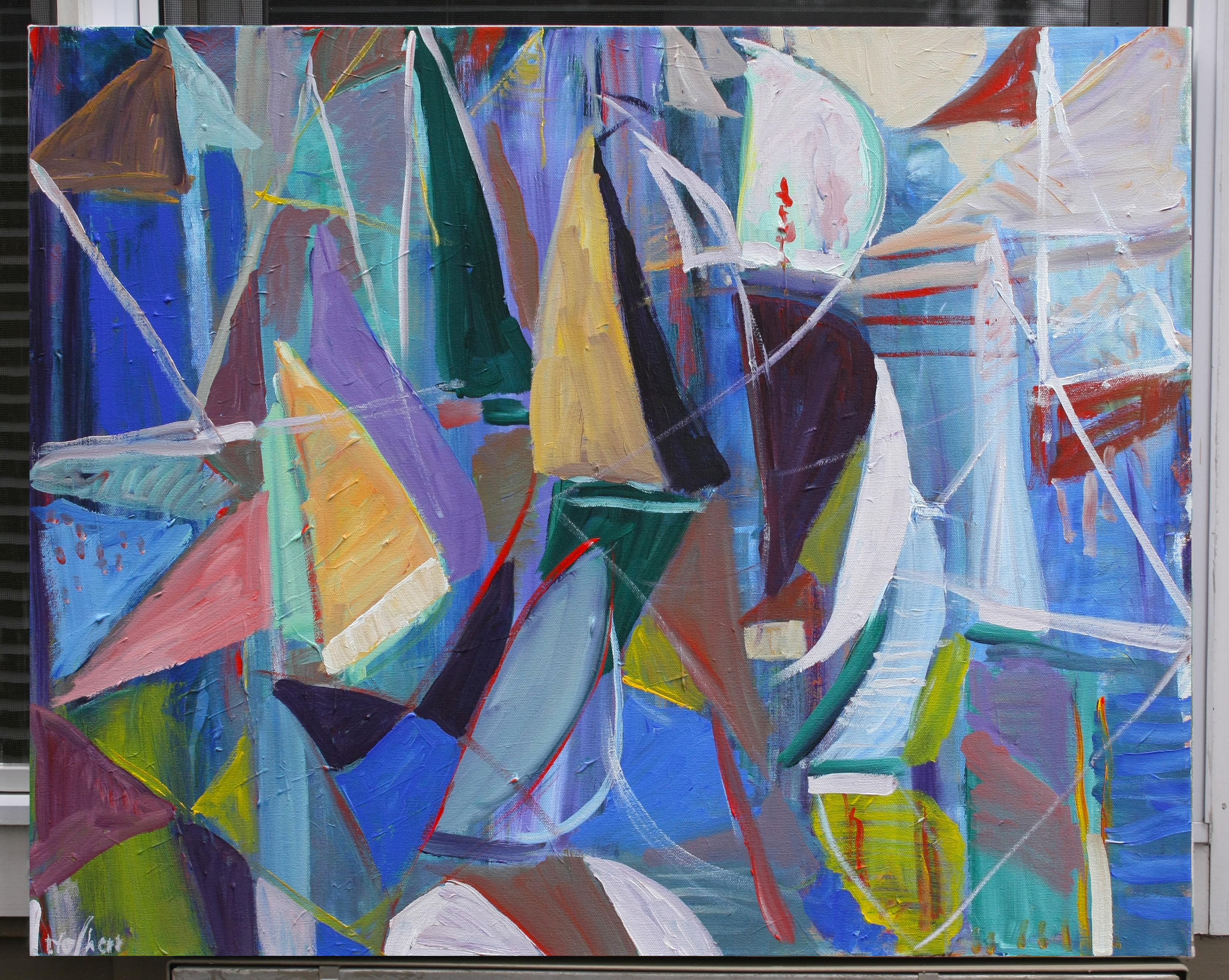 <p>Artist Comments<br>An array of colorful sailboats populate the scene. Their triangular shape serves as a visual motif, repeated and modified throughout to move away from strict representation. Bold and vivid colors complement the expressive paint